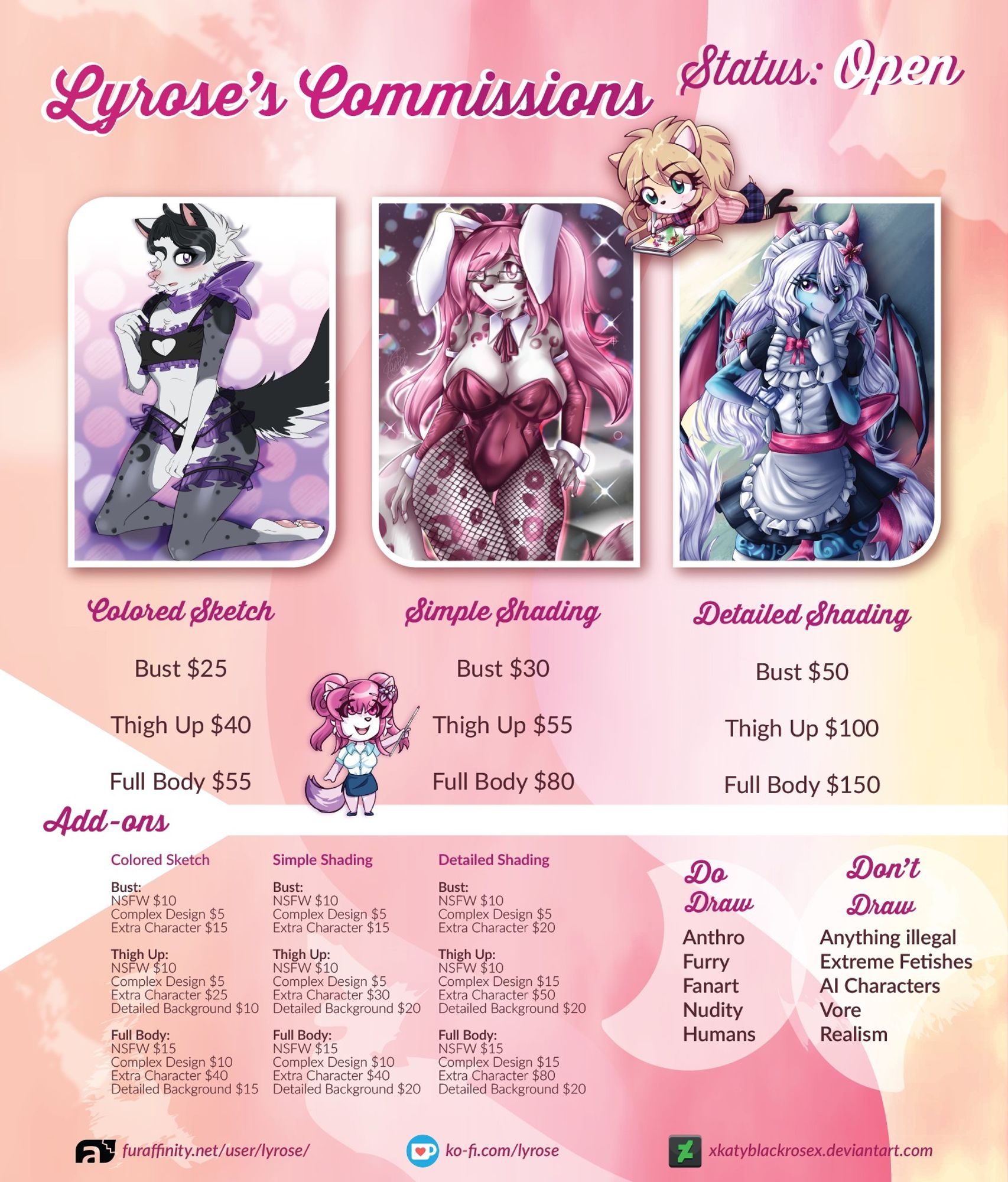 Lyrose s commission price sheet for the year of 2024, featuring my 3 main styles with information about the length of the body as well as info about add-ons