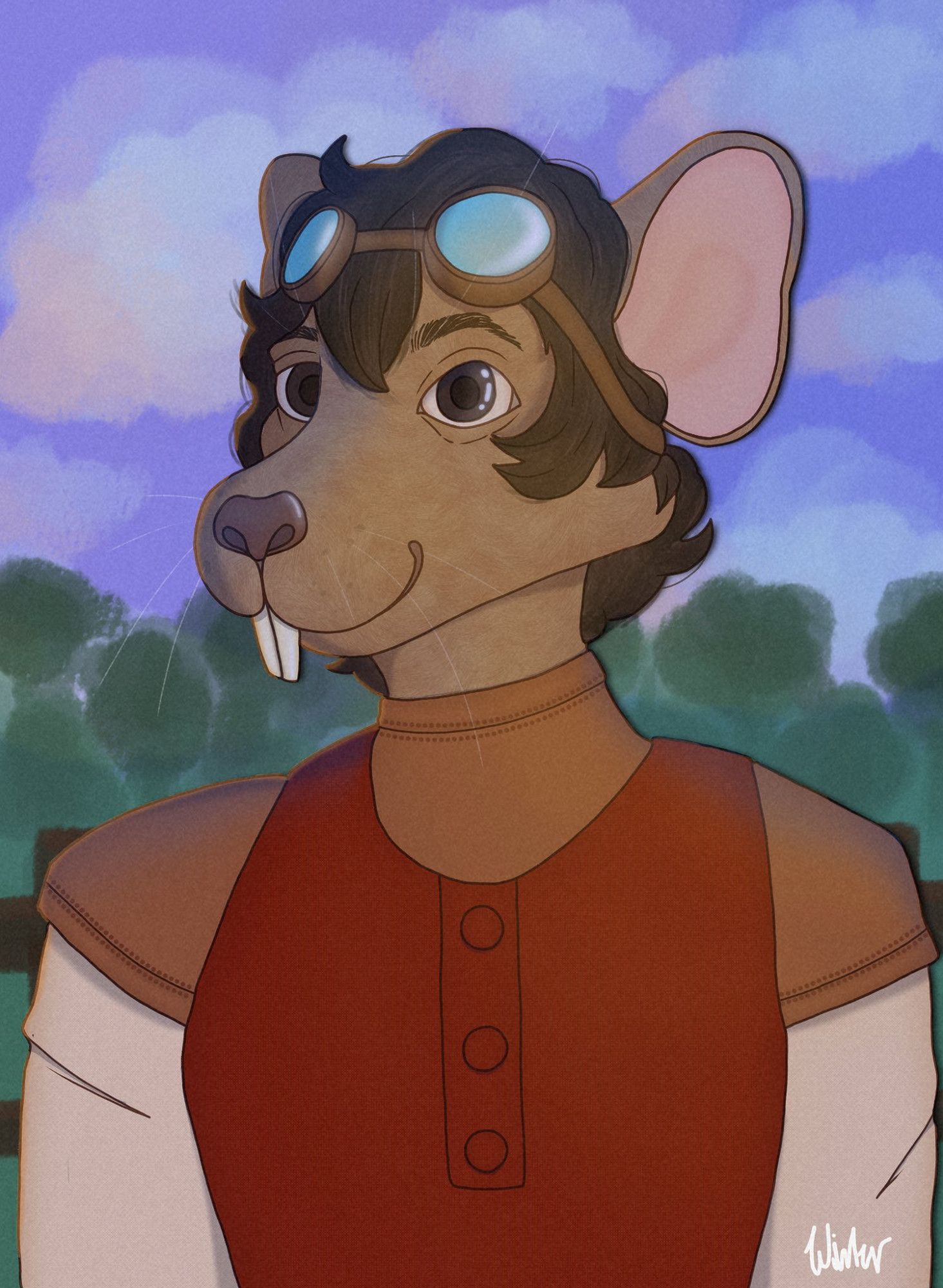 An illustration of OwengejuiceTV's RatsSMP character infront of a painted sky