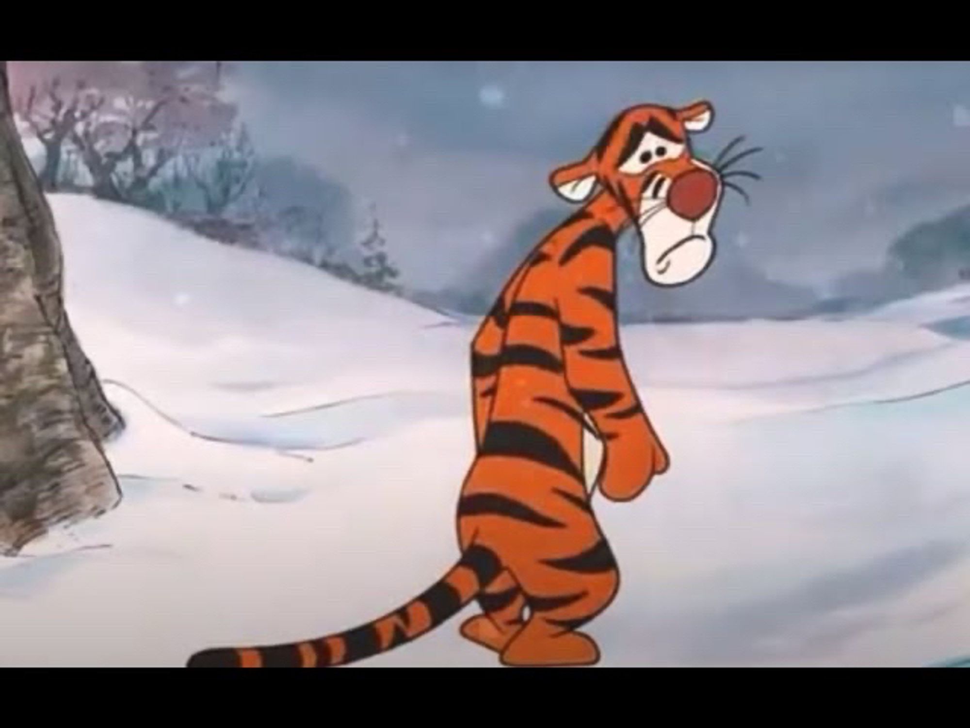 a screenshot of tigger from winnie the pooh, walking away while looking back at the camera with a forlorn, distraught face. it is snowing in a clearing.