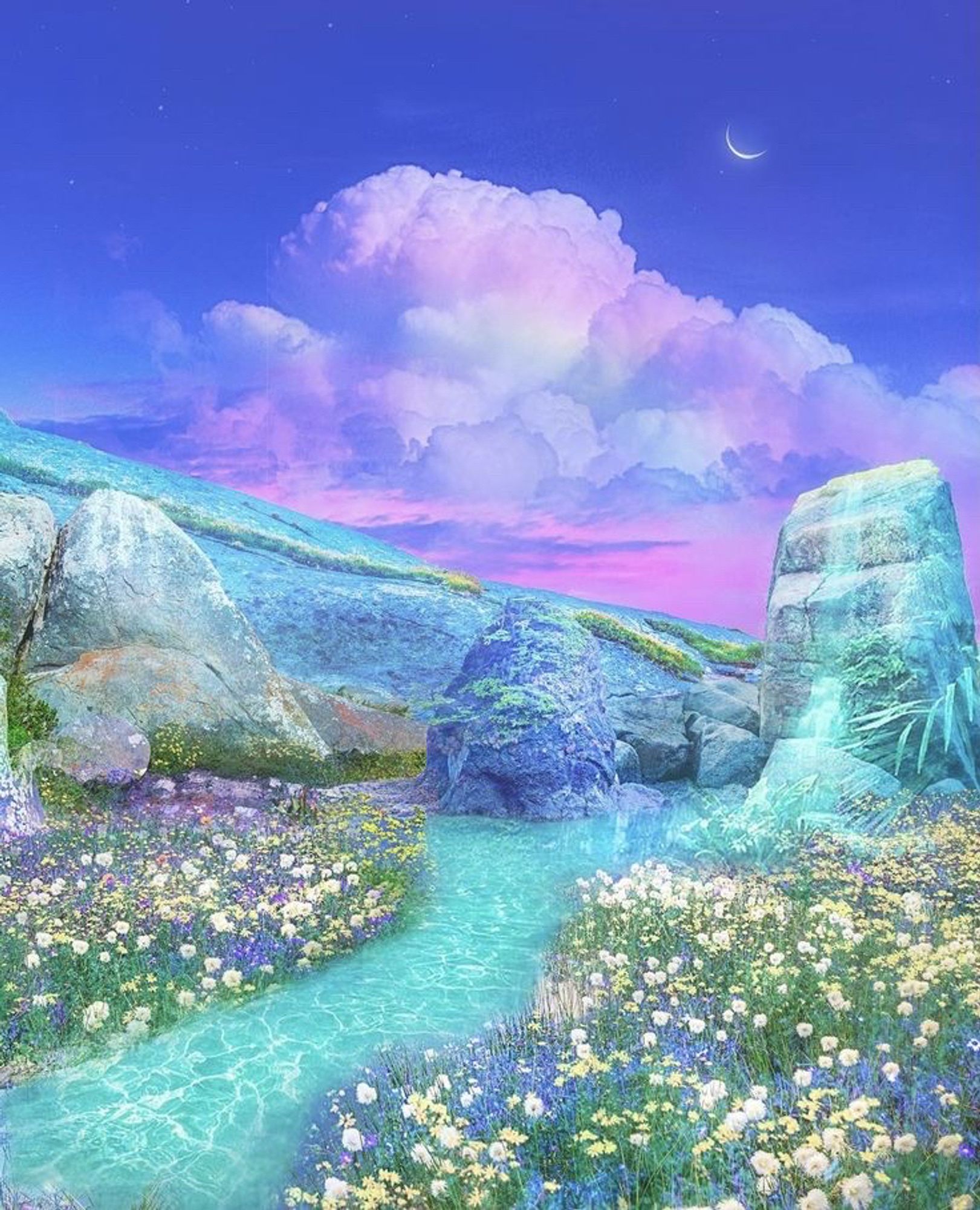 a utopic picture of a stream rolling through flowery plains n big beautiful boulders, against an enchanting sky and a crescent moon