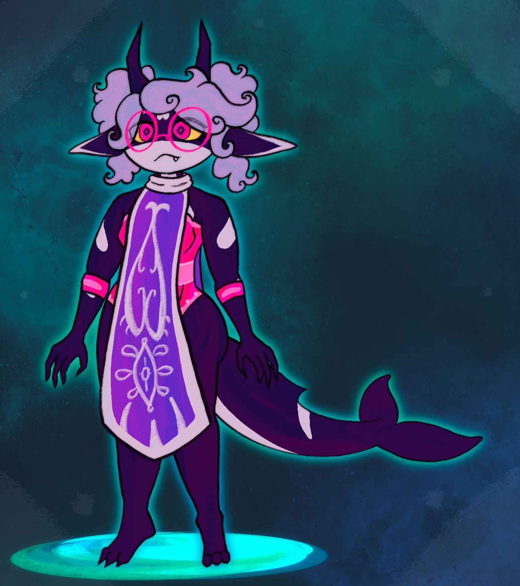 A dark purple aquatic-looking creature, with big pointy ears and horns and a big orca-like tail. They have curly lavender hair styled in twin ponytails. They're wearing round pink glasses, a purple tabard with esoteric patterns, a pinkish bodice under the tabard and pink bracelets.