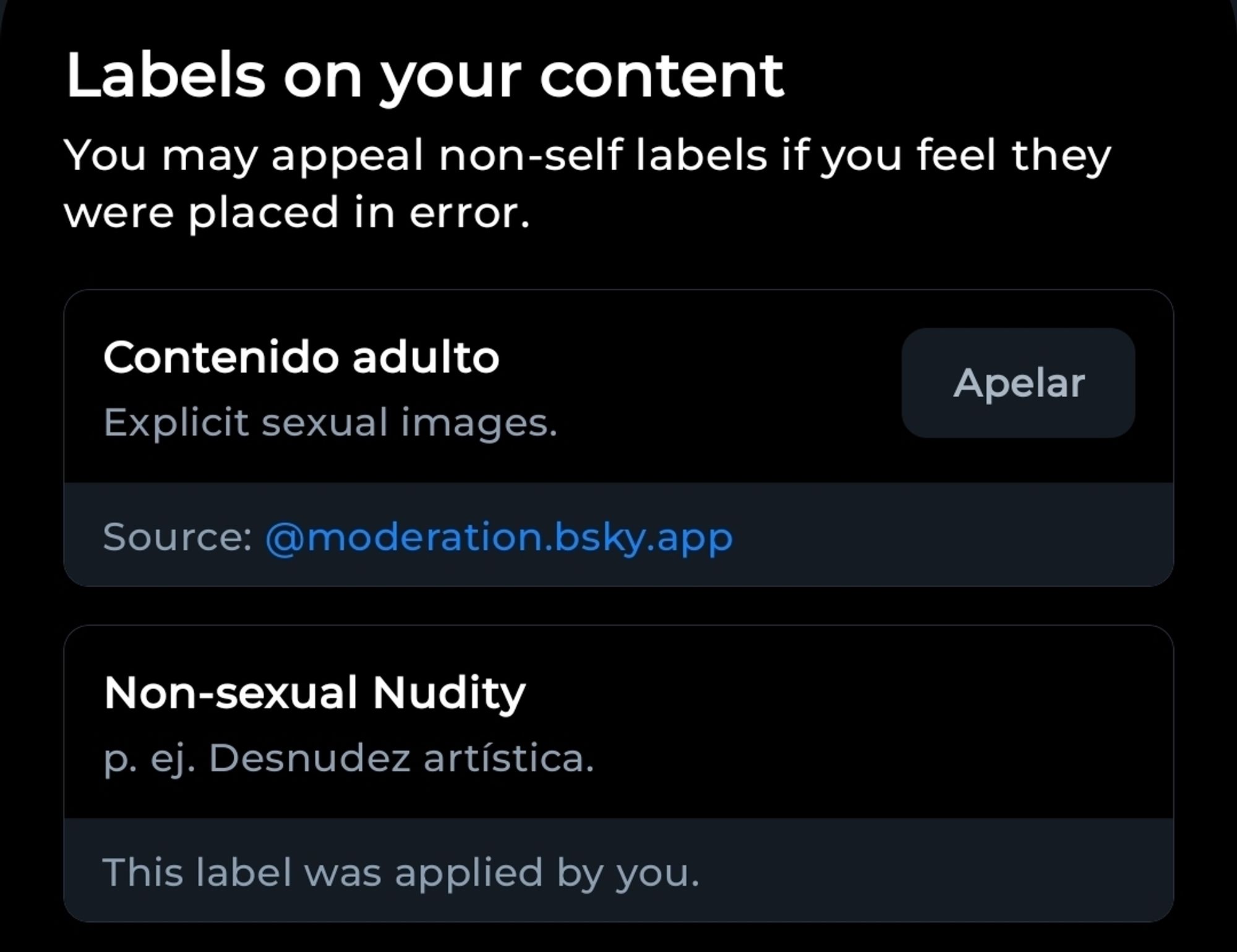 Screenshot showing that I applied the "non-sexual nudity" label to the drawing on the post above, and then had Bluesky apply the "sexual content" label over that.