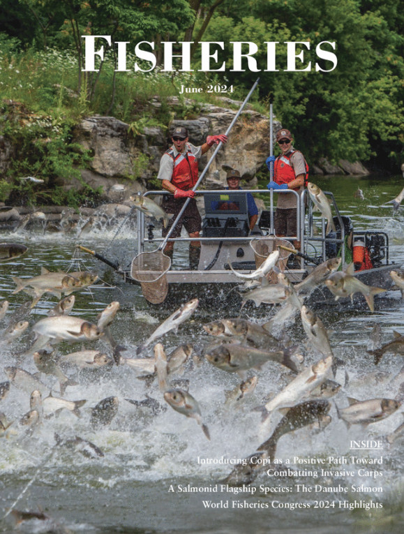 Cover of June 2024 issue of Fisheries: U.S. Fish and Wildlife Service personnel in an electrofishing boat net Silver Carp (Hypophthalmichthys molitrix) jumping in the Fox River. Credit: Ryan Hagerty, U.S. Fish and Wildlife Service.