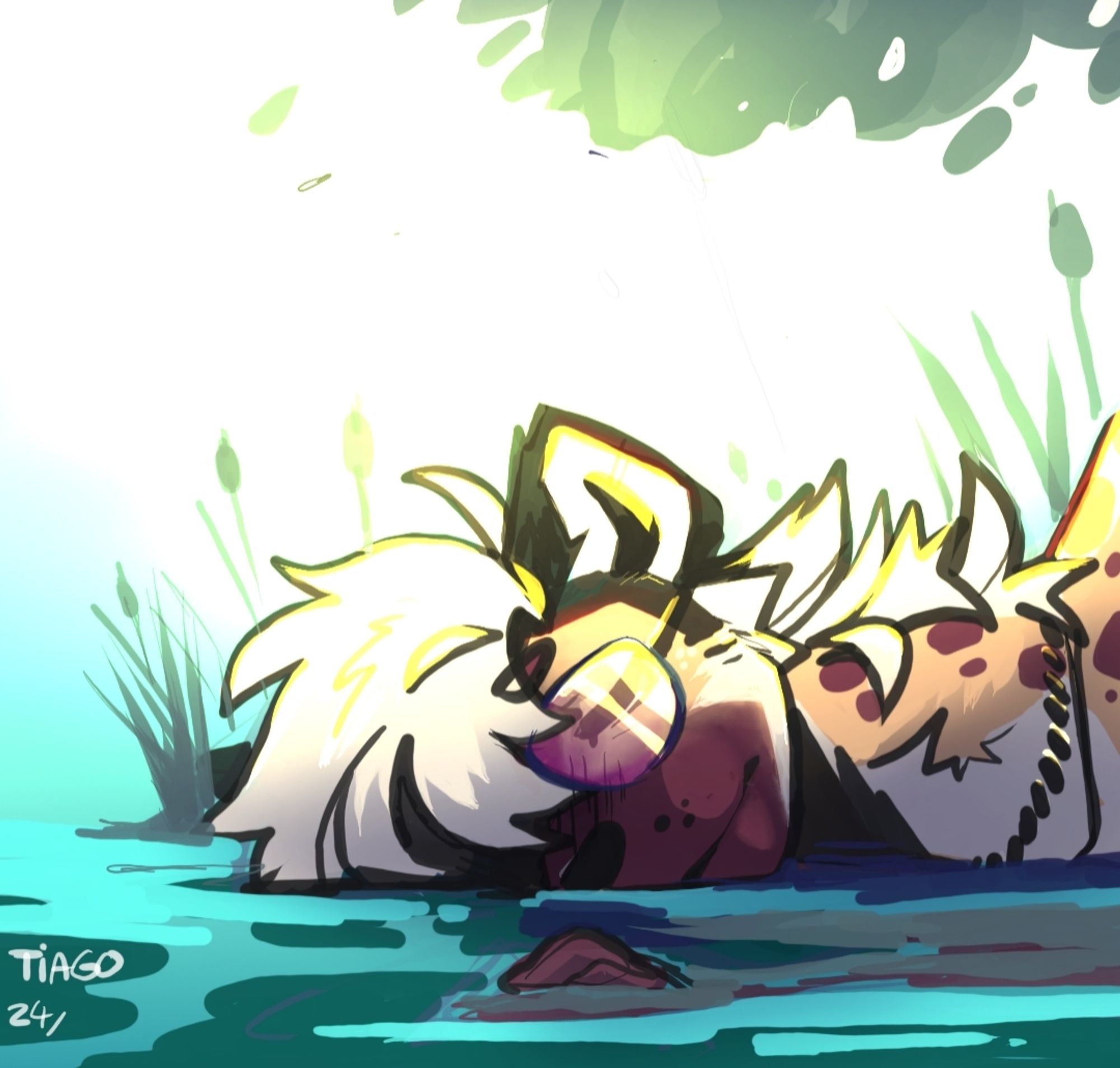 A water scene with in the first plan a spotted hyena anthropomorphic character , eyes closed half resting in a shallow water.  You can discern aviator sunglasses on and a chain to his neck . Neutral / tired expression . Background is pond like / with tall grass and tree shadow