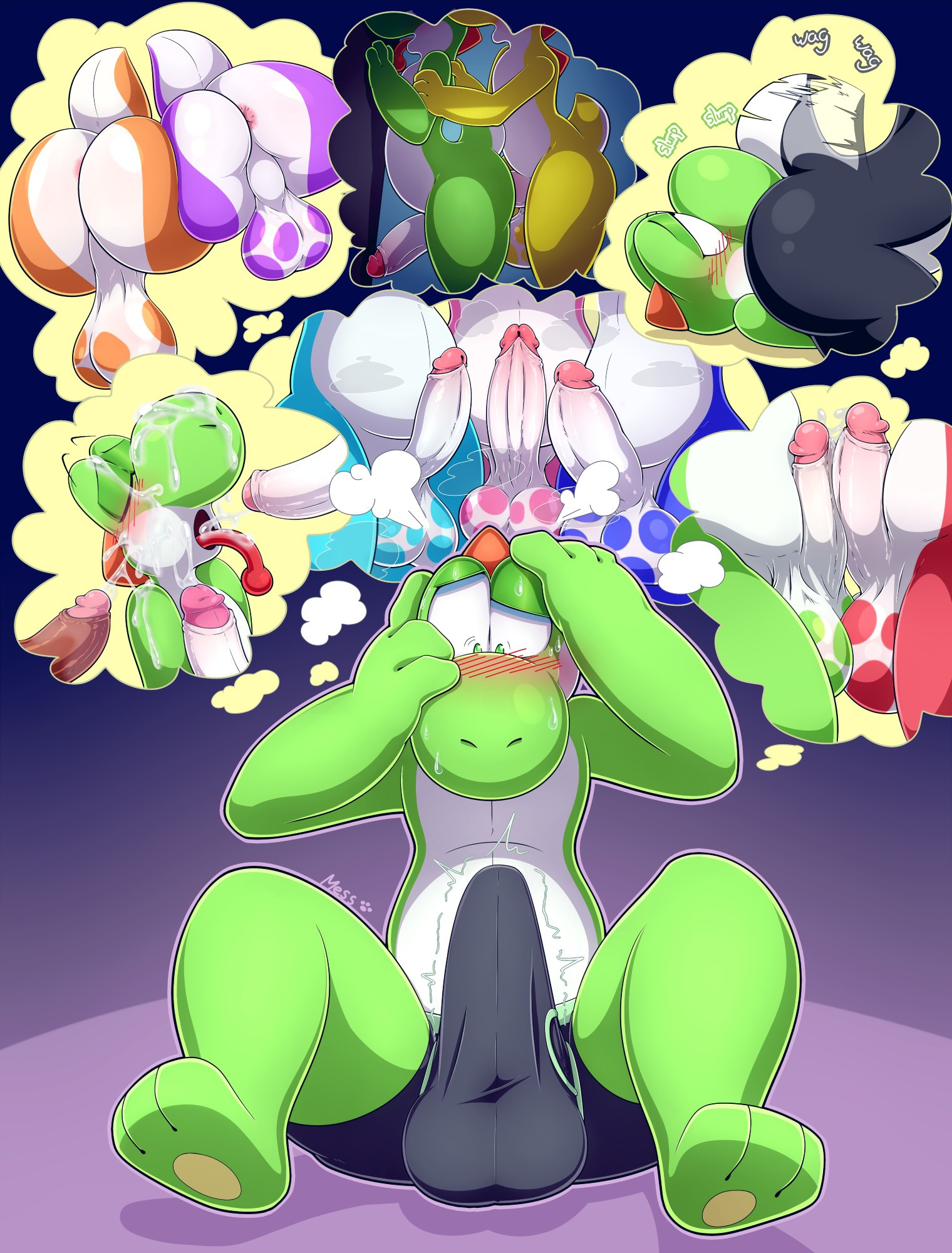 Green yoshi getting a boner and tenting their underwear from thinking about their friends doing lewd acts.
(Starting rom top left to right)
- Orange and purple yoshi bumping their butts together and showing off their tailholes and balls
- Green yoshi being pinned and fucked against the wall by yello yoshi
- Black yoshi sitting on green yoshi and making them eat their ass and wagging
- Green yoshi getting cummed on by their friends
- Light blue, pink, and blue yoshies together showing off their cocks and balls
- Red and green yoshi frotting their cocks and balls together