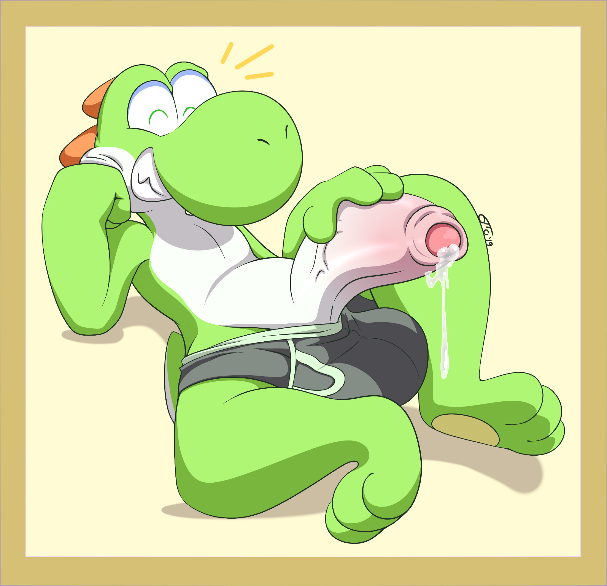 green yoshi in underwear with their cock out