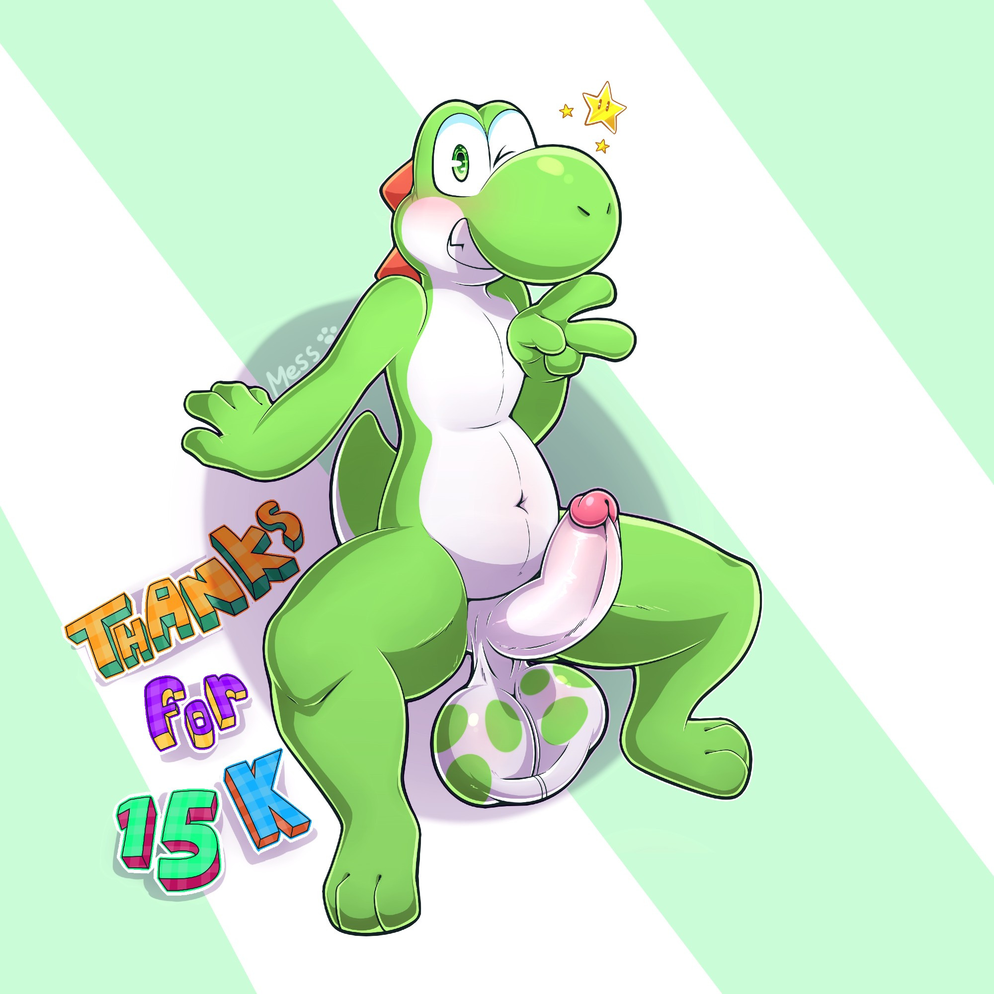 Yoshi leaning back making a peace sign with his junk out celebrating 15k followers on twitter