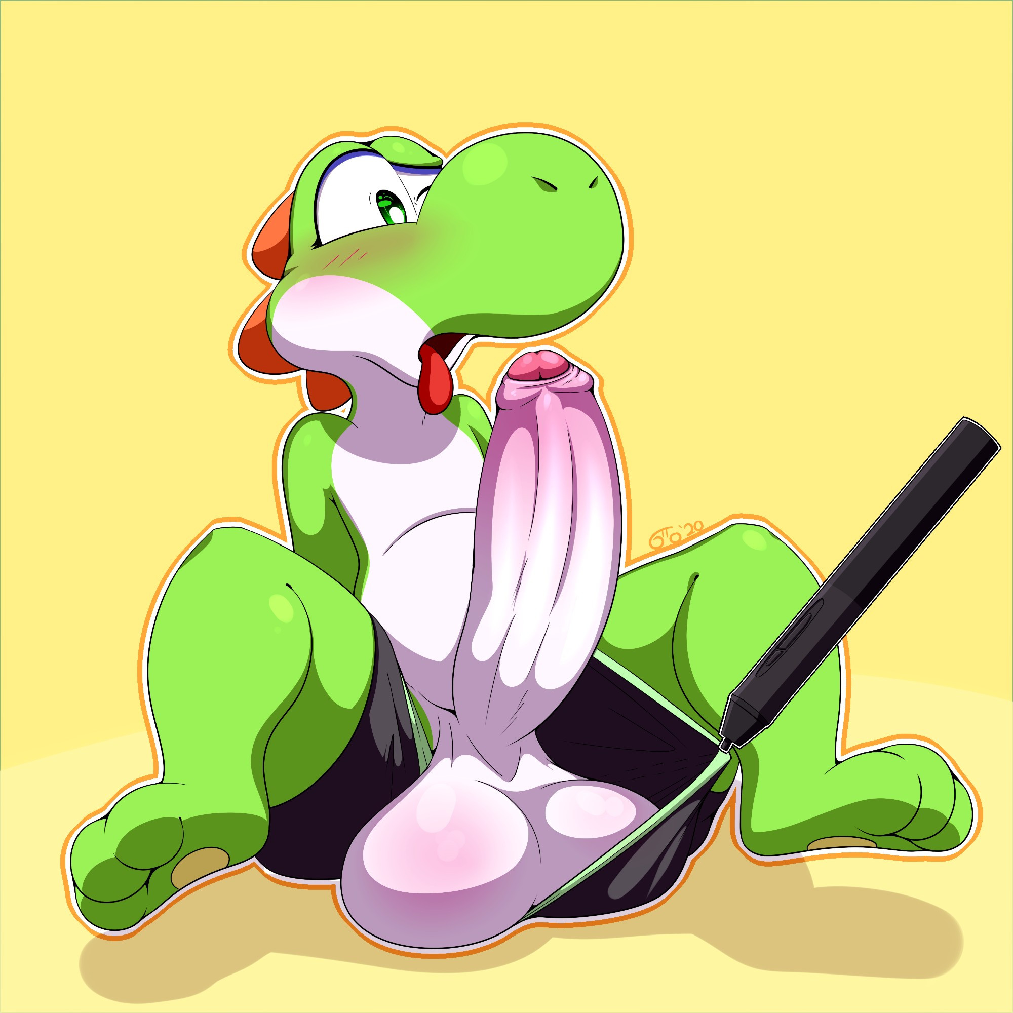 green yoshi with huge cock and balls getting their underwear pulled by a stylus