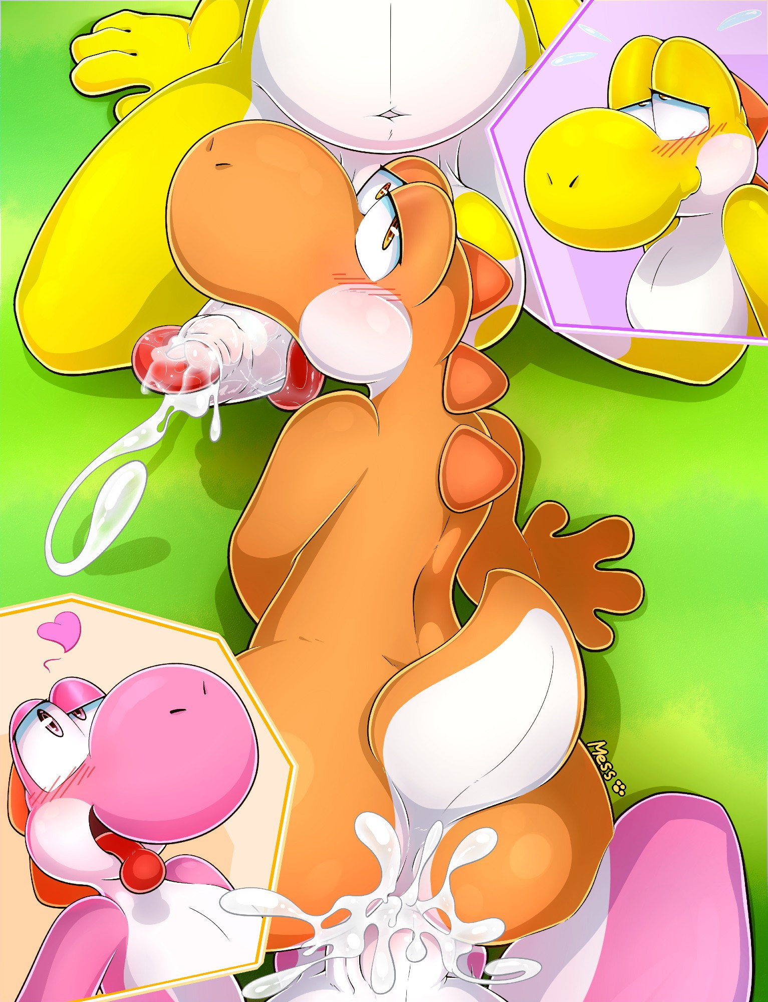 orange yoshi being spitroasted by pink and yellow yoshies (cum and expressions edition)