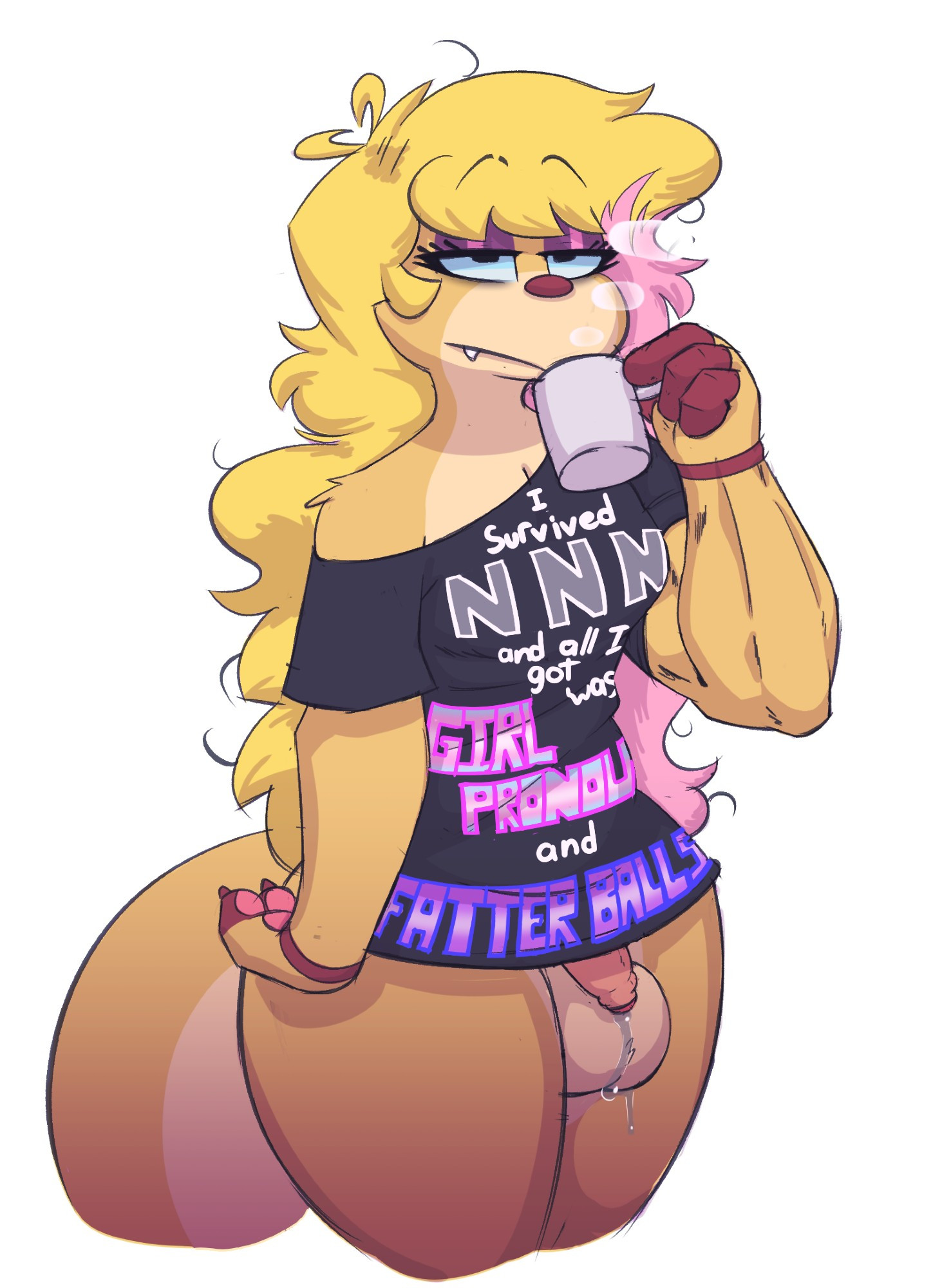 Audie wearing only a t-shirt that says "I survived NNN (No Nut November) and all I got was Girl Pronouns and Fatter Balls" while drinking from a mug with her suspiciously buff left arm