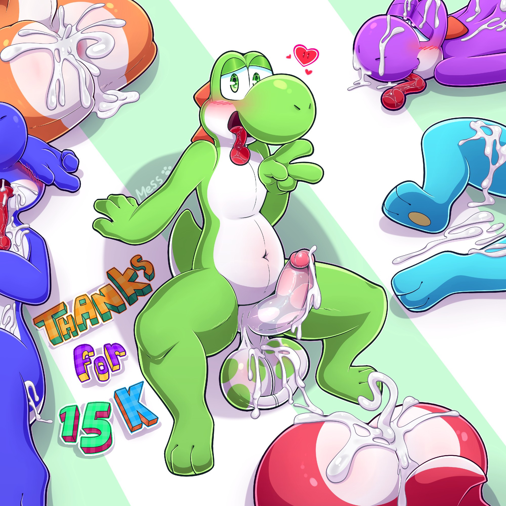 Yoshi leaning back making a peace sign with his junk out and other yoshies covered in cum and used celebrating 15k followers on twitter