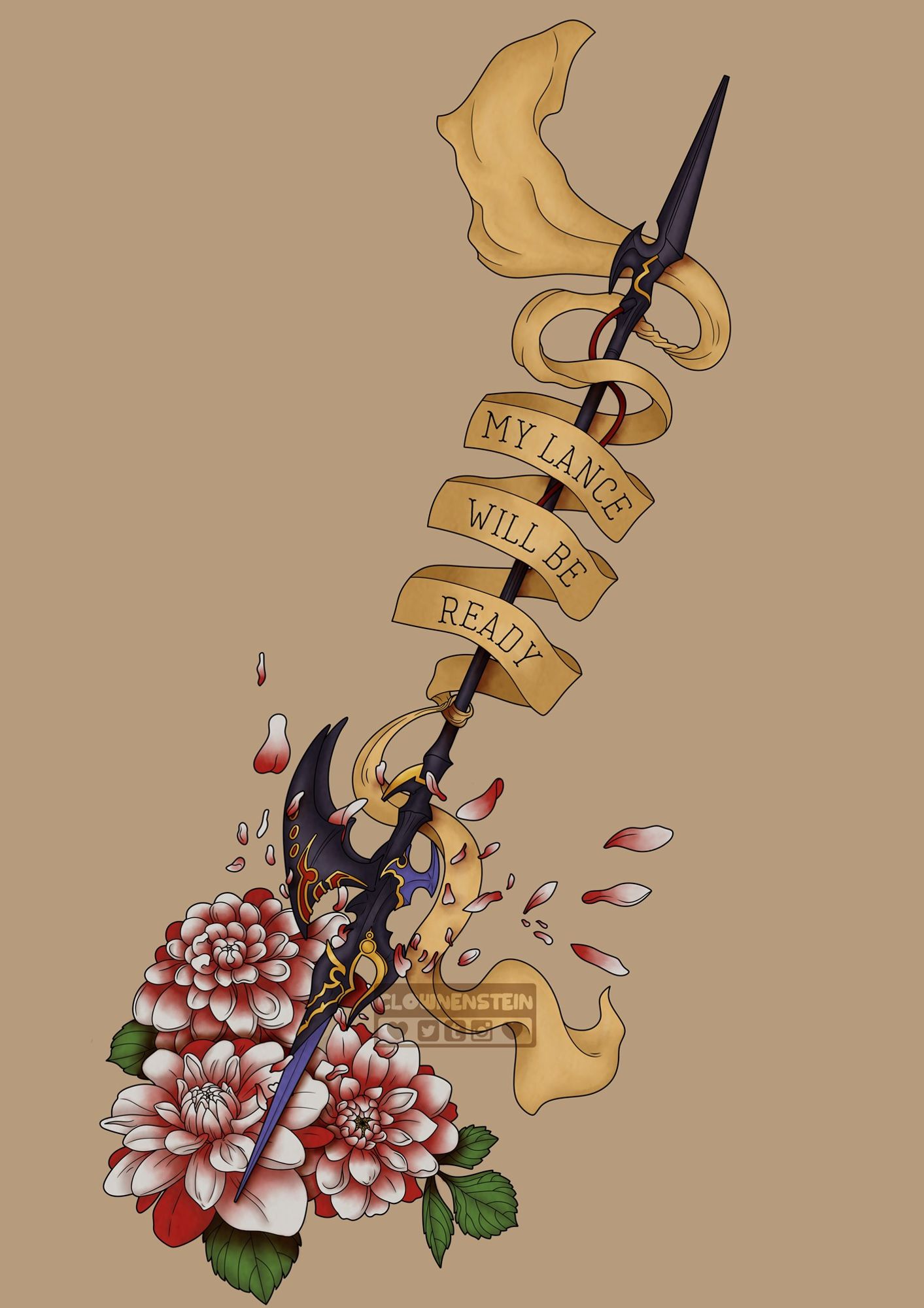 Estinien's lance from Final Fantasy 14: A Realm Reborn. Behind it are three dahlia flowers with red and white petals. Some petals blow around the lance. A banner is wrapped around it which reads "my lance will be ready."