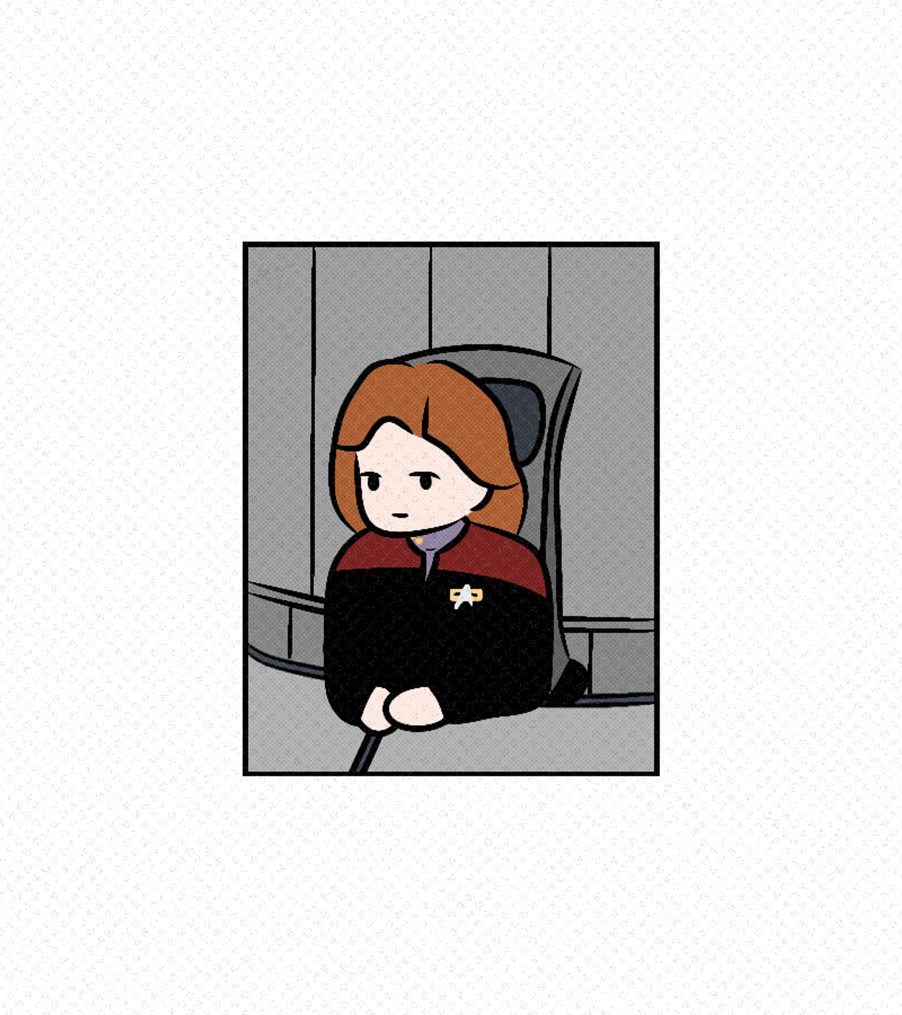 A colored digital drawing of Captain Kathryn Janeway of Star Trek: Voyager sitting at her desk.