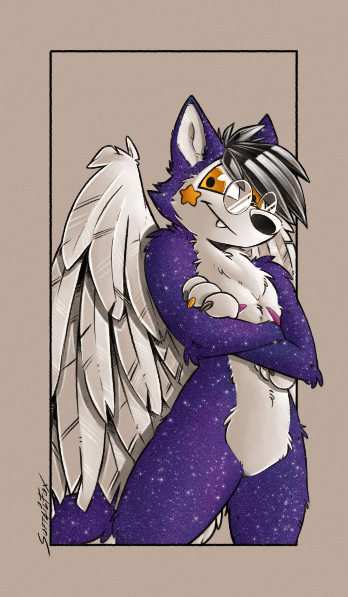 a tall box of a cosmic wolf with crossed arms, round eyeglasses, black head hair and angel wings, theyre looking at the viewer.

there are 3 spot colors;

purple (with a starry space texture) for most of the fur.

pink for the chest scars.

yellow/gold for the eyes, a singular star sticker on their cheek and nailpolish on both middle fingers.