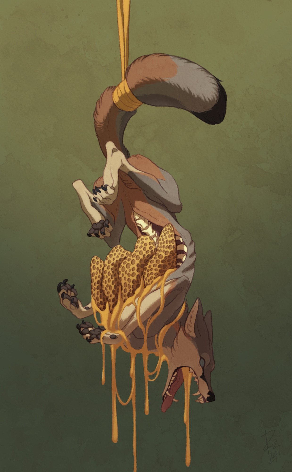 a digital illustration of a gray fox suspended in the air by a yellow ribbon around its tail. its chest is broken open and hunks of honeycomb protrude from the open cavity. streams of yellow honey ooze from the opening and out the fox’s mouth.