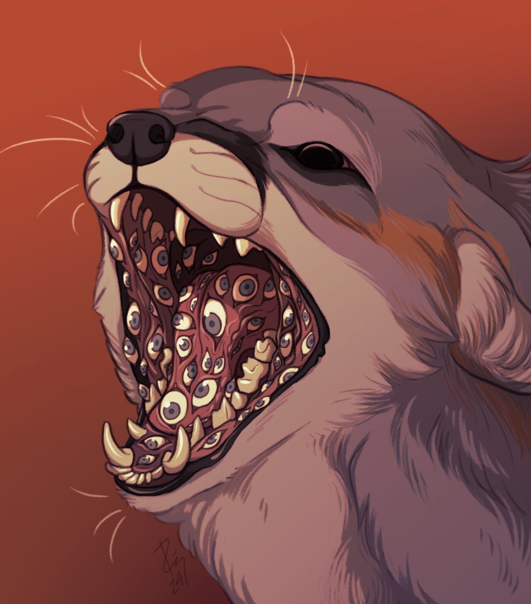 A digital illustration of a gray fox with its mouth open. All over its tongue, gums, and other soft tissues are open staring eyes.