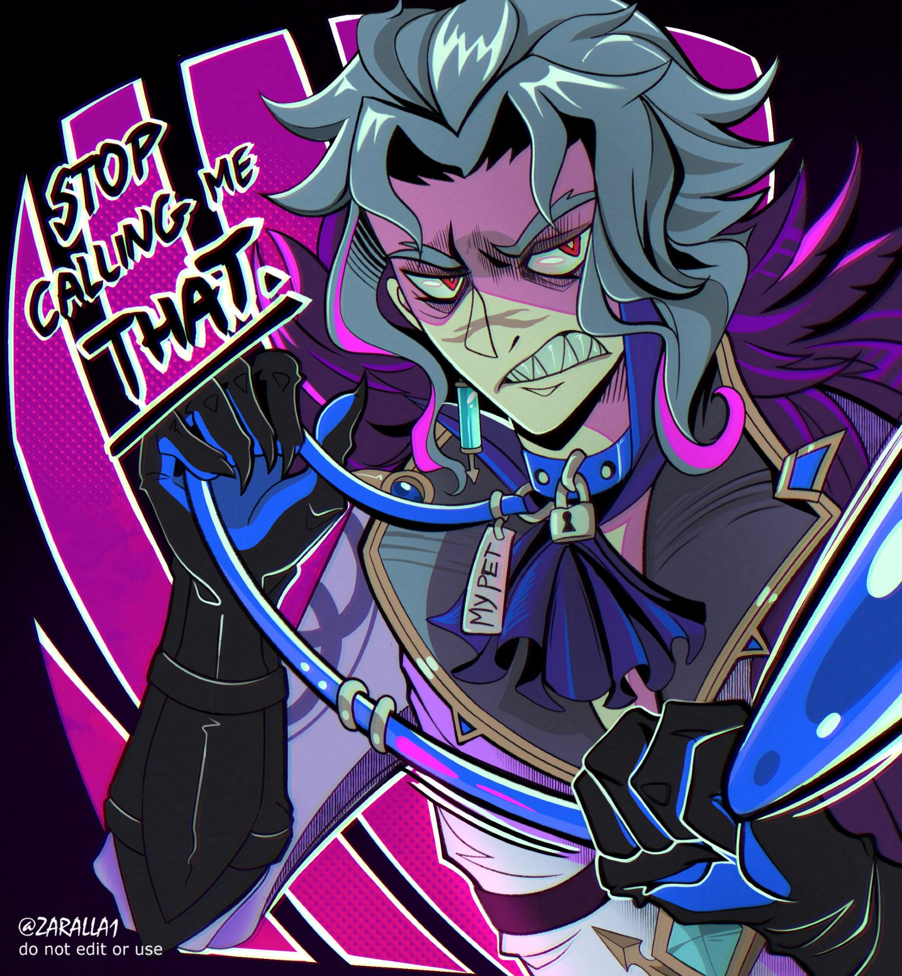 A drawing of Dottore from Genshin Impact. He's annoyed at the viewer, who presumably holds the blue leash around his neck, as if he was some sort of creature. The drawing is bust-sized and has a dark pink atmosphere #zaralla1draws