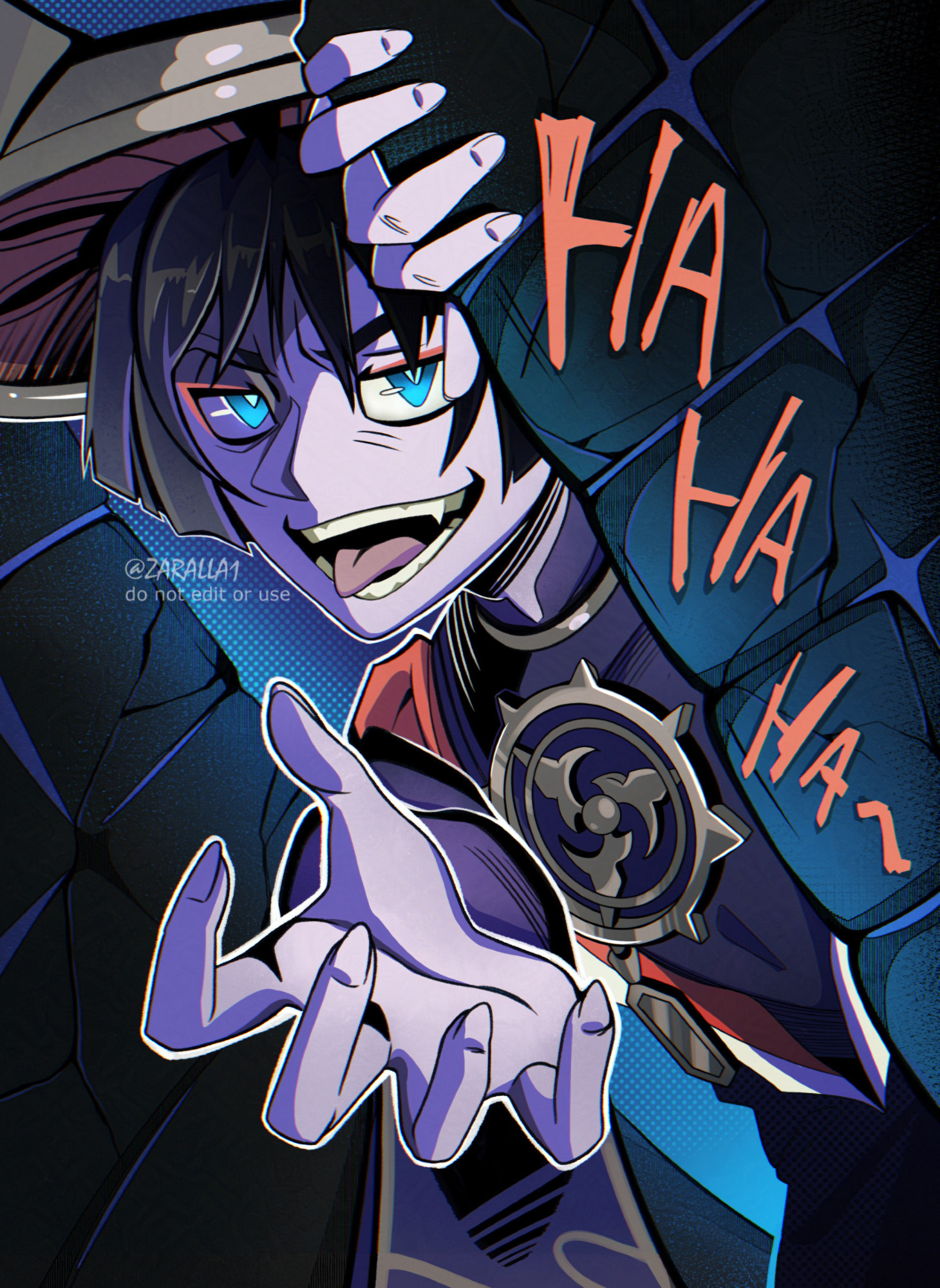 A bust-sized drawing of Scaramouche from Genshin Impact dressed in his old outfit and beckoning the viewer to come closer. The drawing has a spooky atmosphere, and the character has a devilish grin while he laughs #zaralla1draws