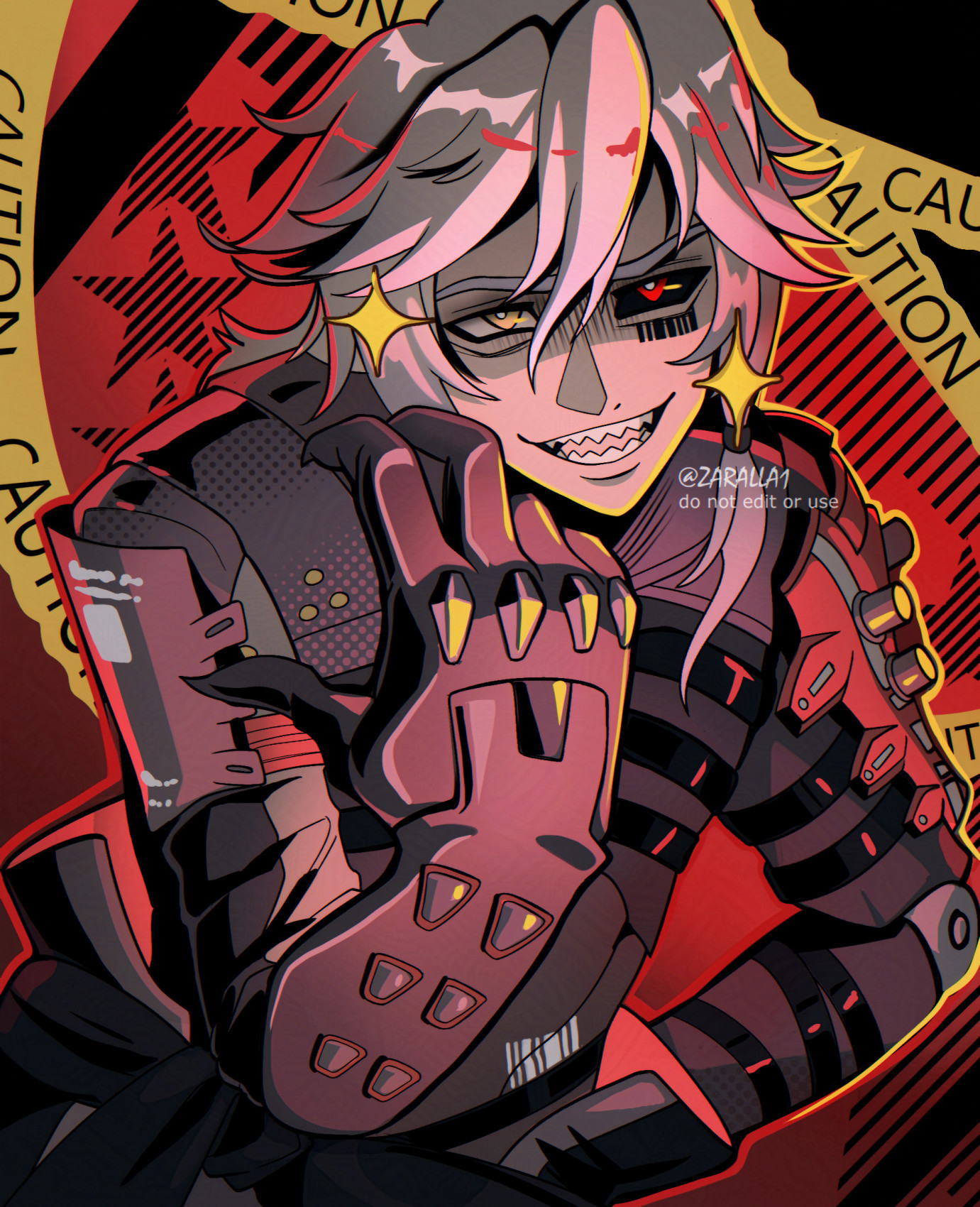 A bust-sized drawing of Roland from the game Punishing Gray Raven. The drawing has a red atmosphere, and the character is standing in the center, surrounded with caution tape. He has a smile on his face, and he is beckoning the viewer to come closer with his right hand #zaralla1draws 