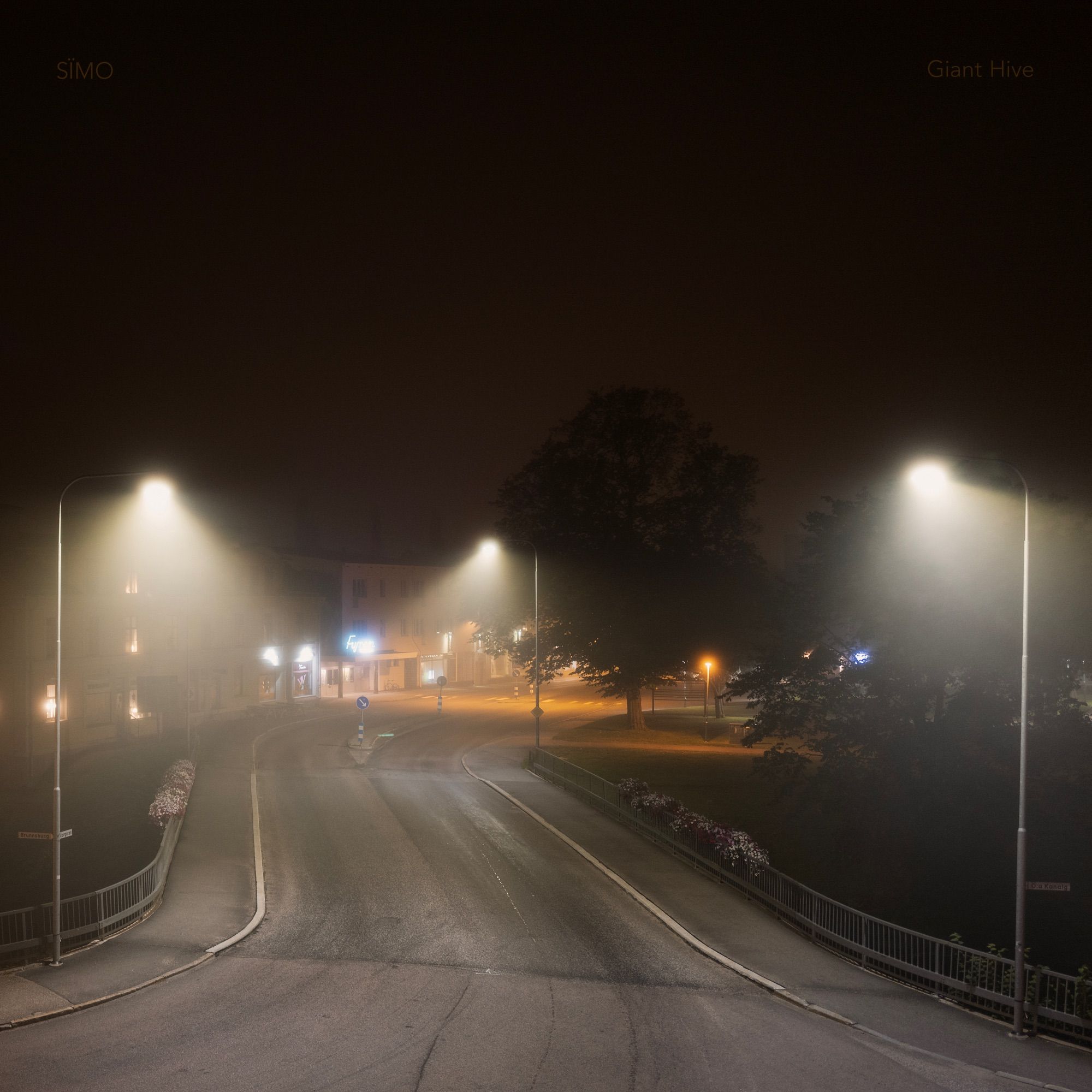 Street scene on a foggy night with roads, street lights, buildings and trees.