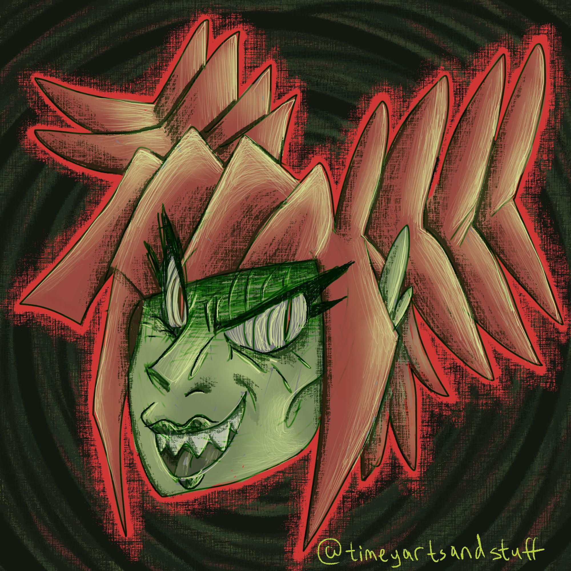 a roughly shaded drawing of Scarlet Briar grinning wickedly at the viewer, set on a swirling green background with a red outline. her mouth is slightly open to reveal sharp teeth, as if speaking or laughing. there is a deep shadow over her upper face and dark creases under her eyes. a watermark reading "@timeyartsandstuff" is in the lower right corner.