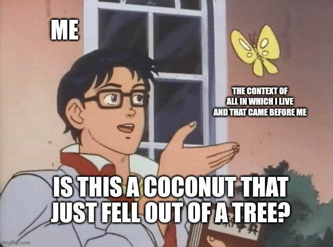 "is this a bird" meme except a man is looking at a butterfly labeled "the context of all in which I love and that came before me" and is asking "is this a coconut that just out of a tree?"