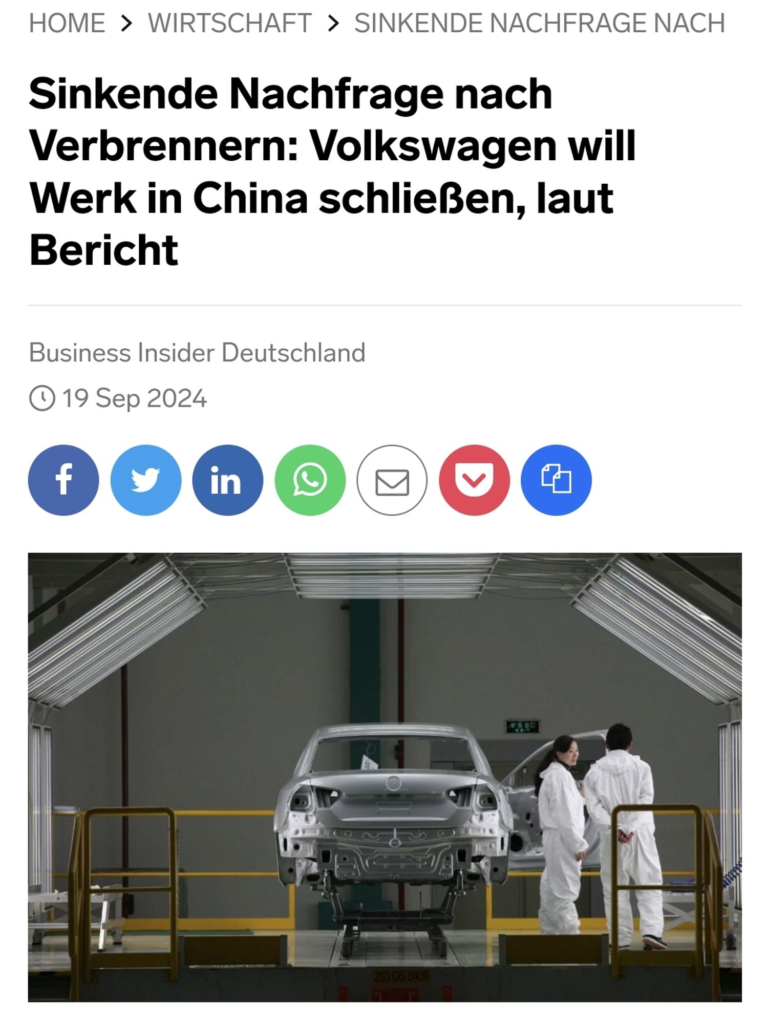 Sinkende Nachfrage nach Verbrennern: Volkswagen will Werk in China schließen.