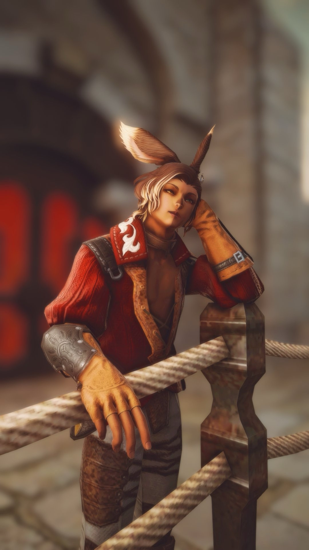 Sasha, a male Viera from Final Fantasy 14, leans on a rope railing with his head on his palm.