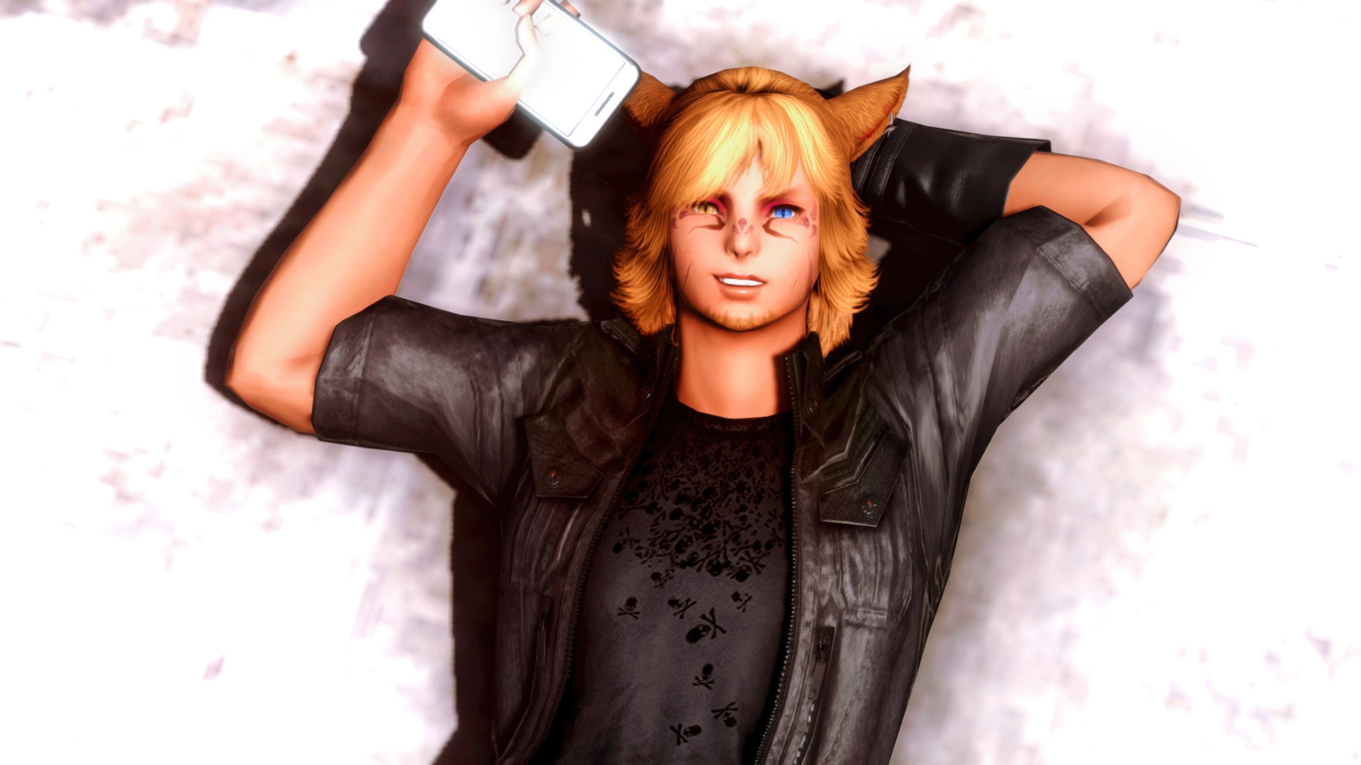 Yahja, a male Miqo’te, grins lopsidedly up at the camera, lying on his back.