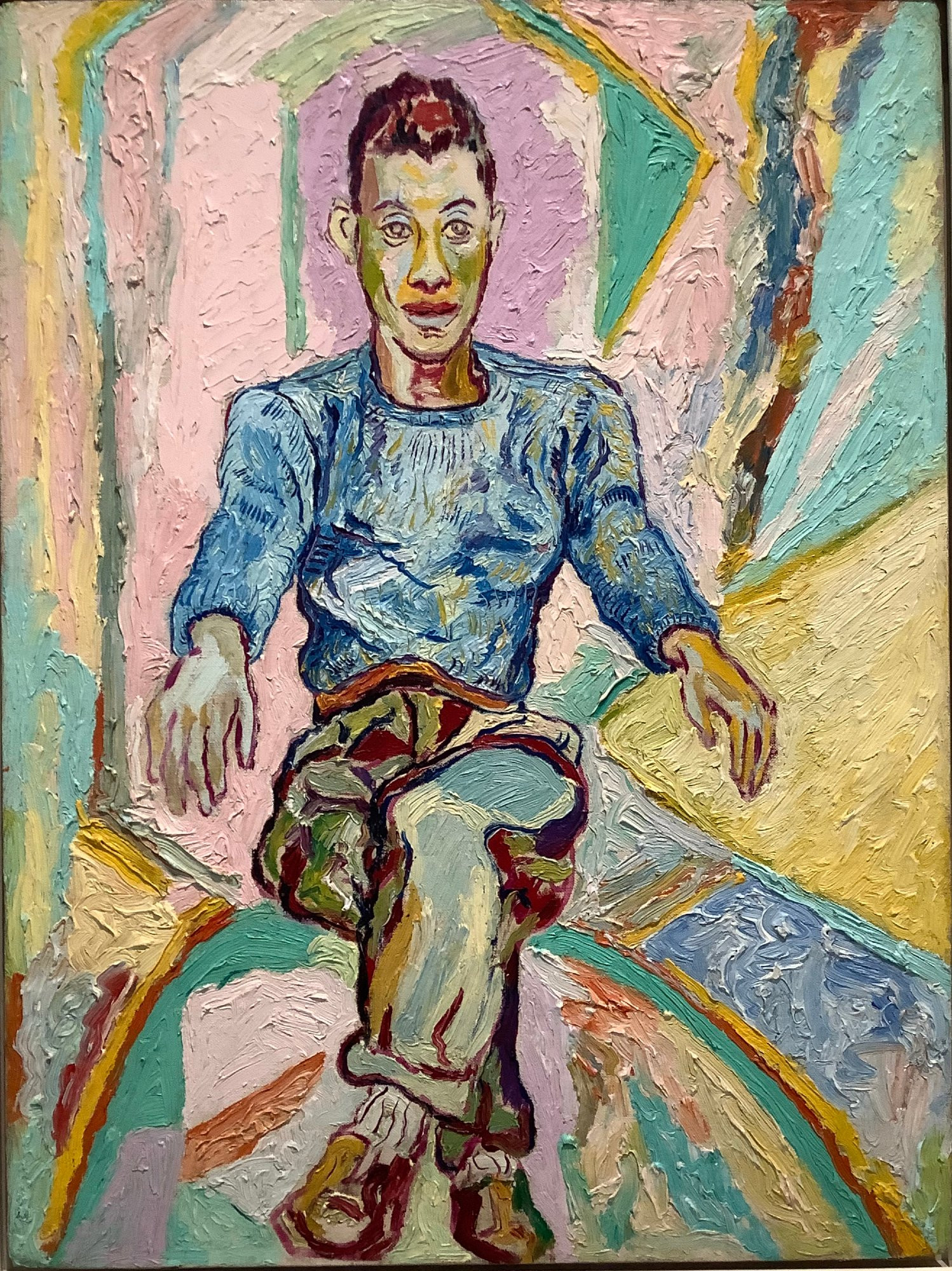 Colorful painted portrait of James Baldwin, seated