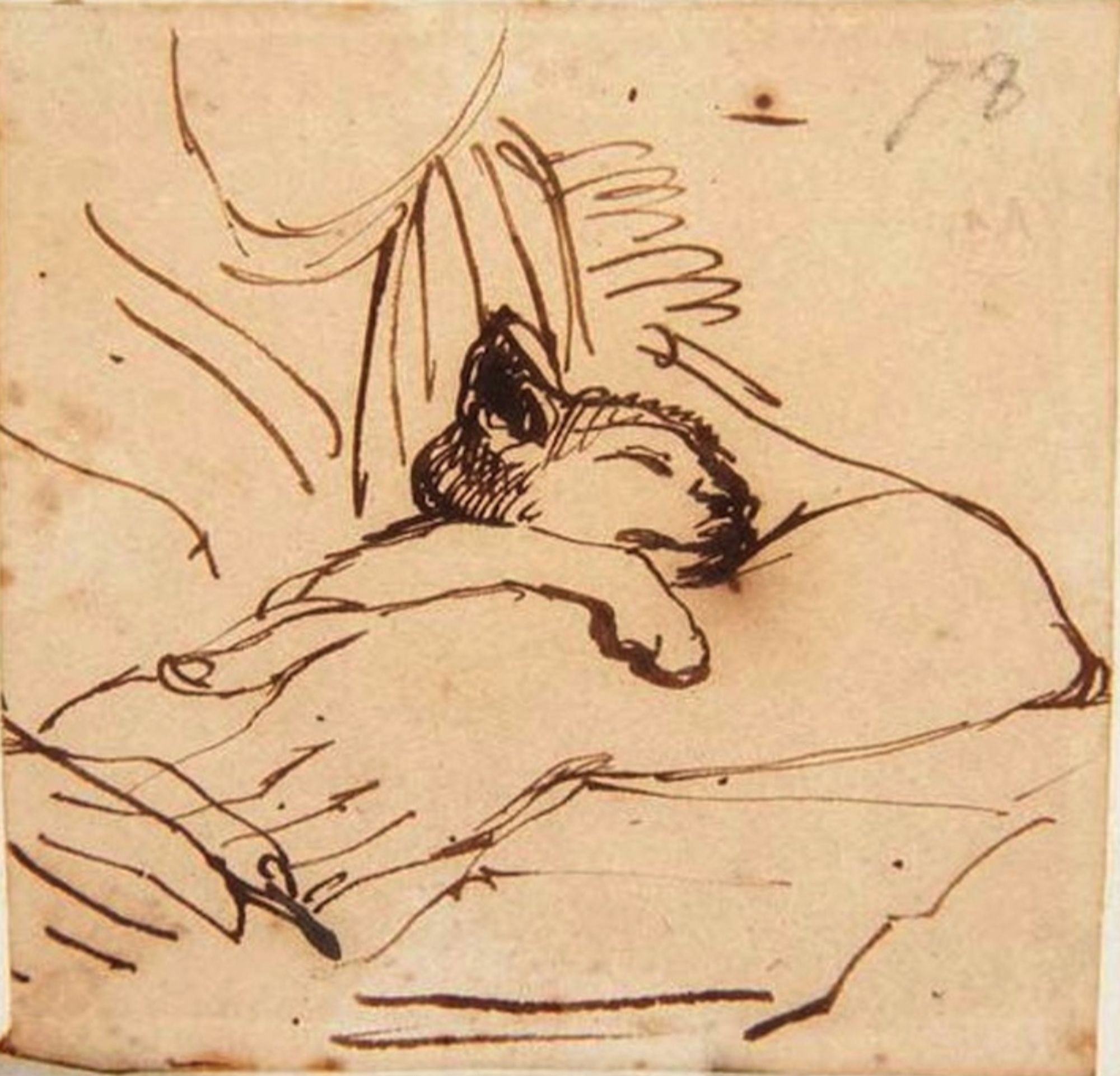 An adorable sketch of a kitten dozing in a woman's arms. The woman holds a pen in her hand, and the open book before her suggests that she's in the process of writing or sketching