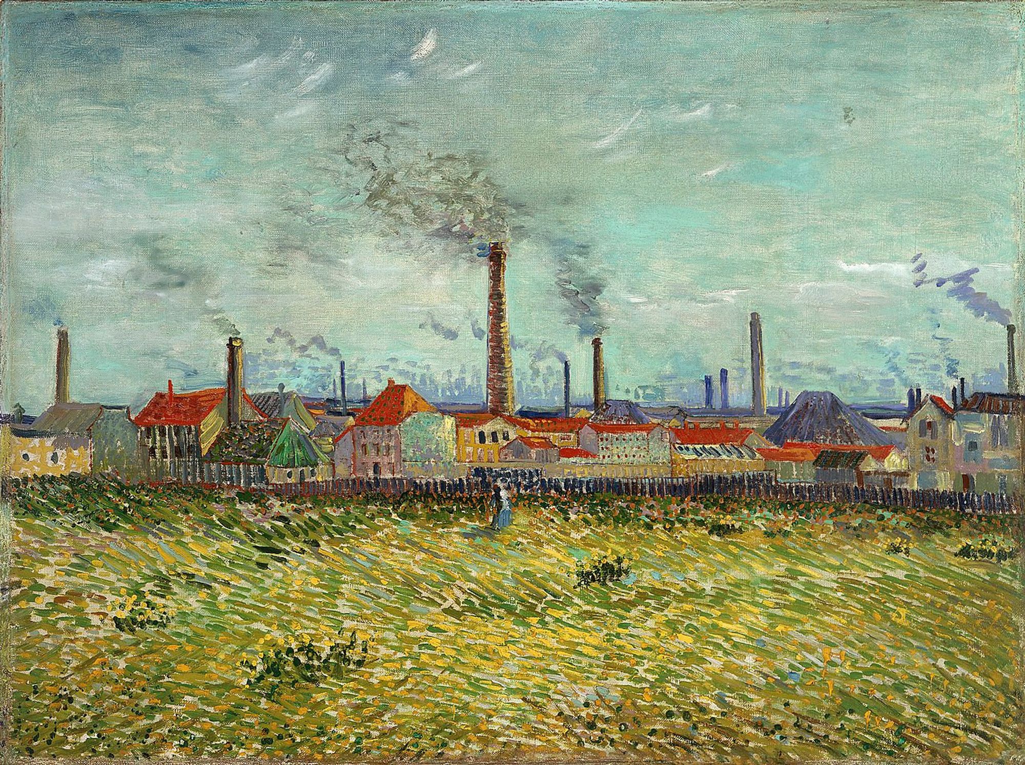 A painted landscape of a factory area in Paris, with a long expanse of grass in the foreground, and two small figures at center