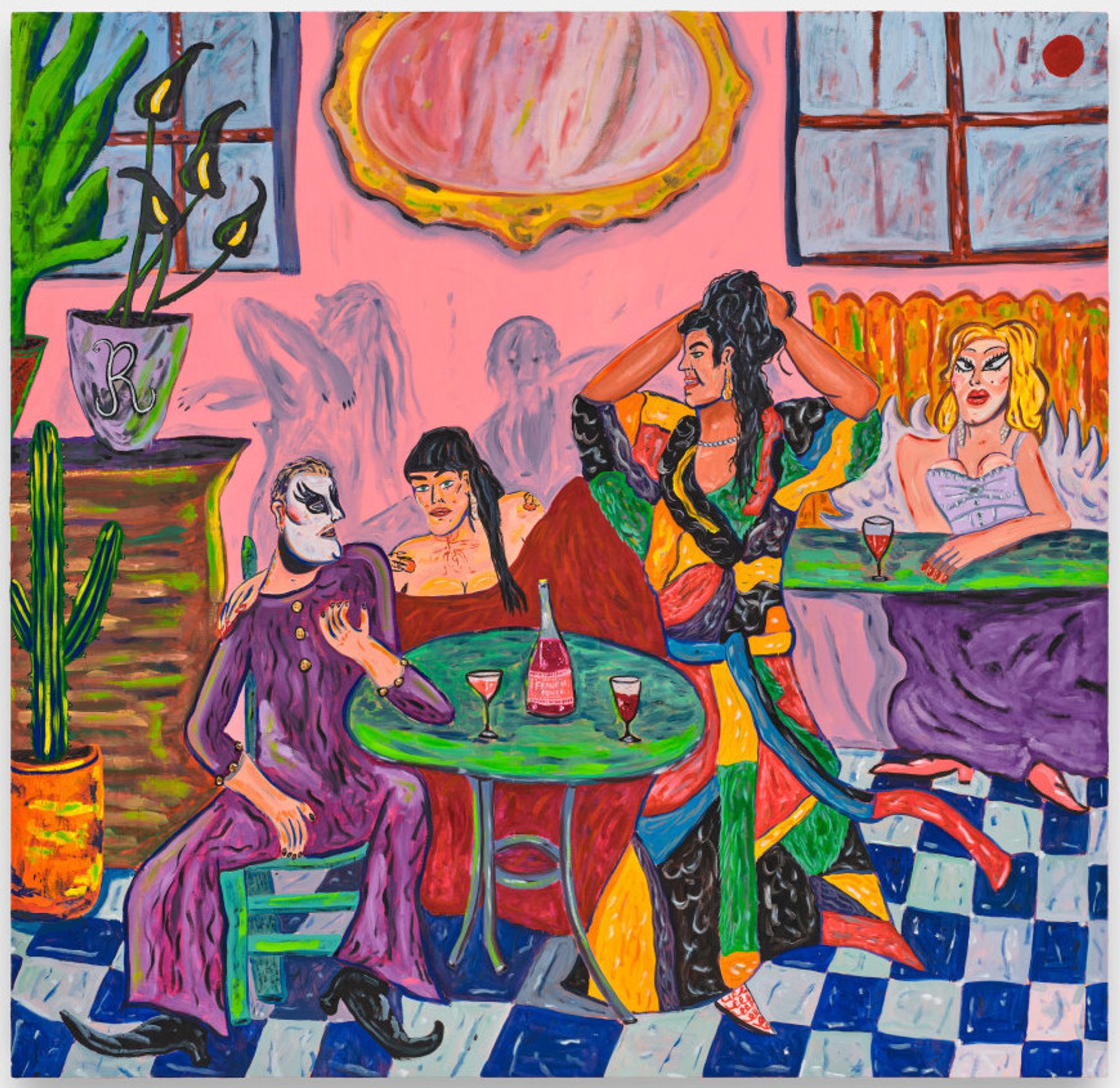 A brightly colored picture of several people, attired extravagantly, in an interior spae. Three of them sit or stand around a circular table, on which are several wine glasses and a bottle. A tiled floor is below them, a mirror and windows above