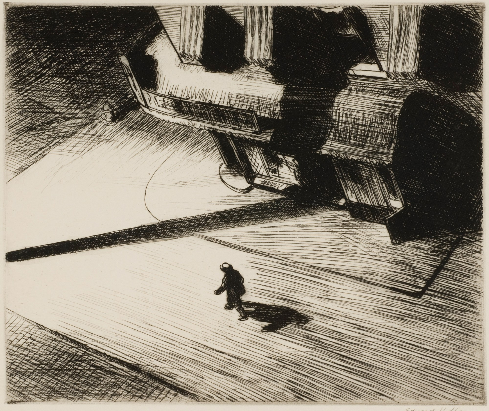 Etching of a nighttime street scene seen from above, with a man walking across the scene