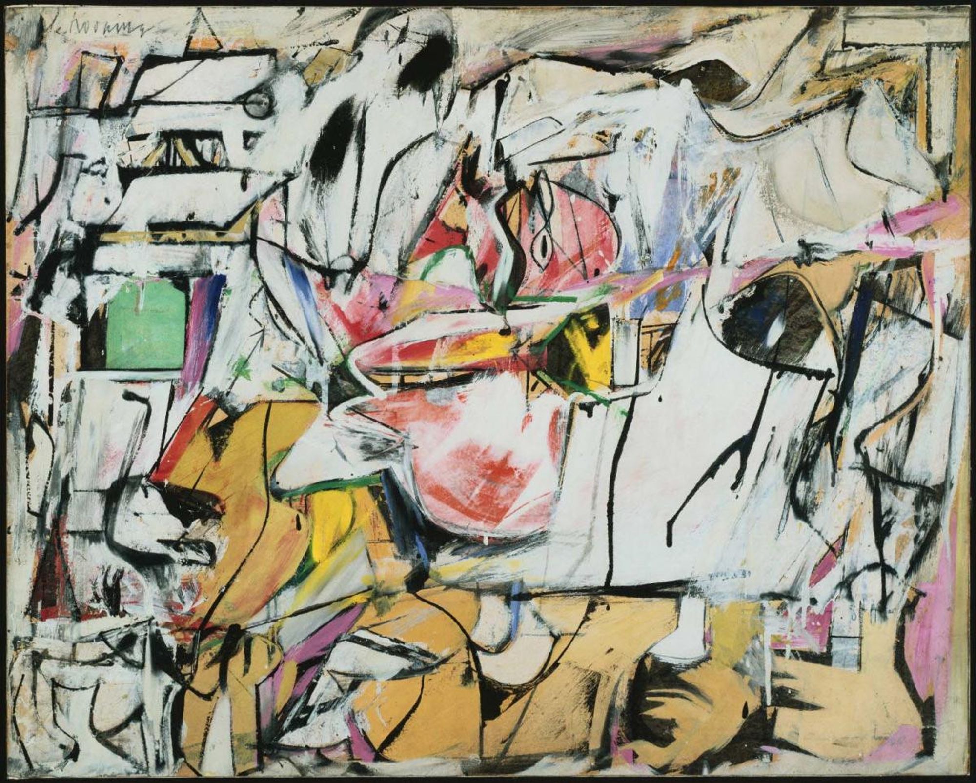 An abstract painting, including large shapes in white and tan, its forms mostly defined by looping black lines and punctuated by areas of color, including pink, green, red, and yellow