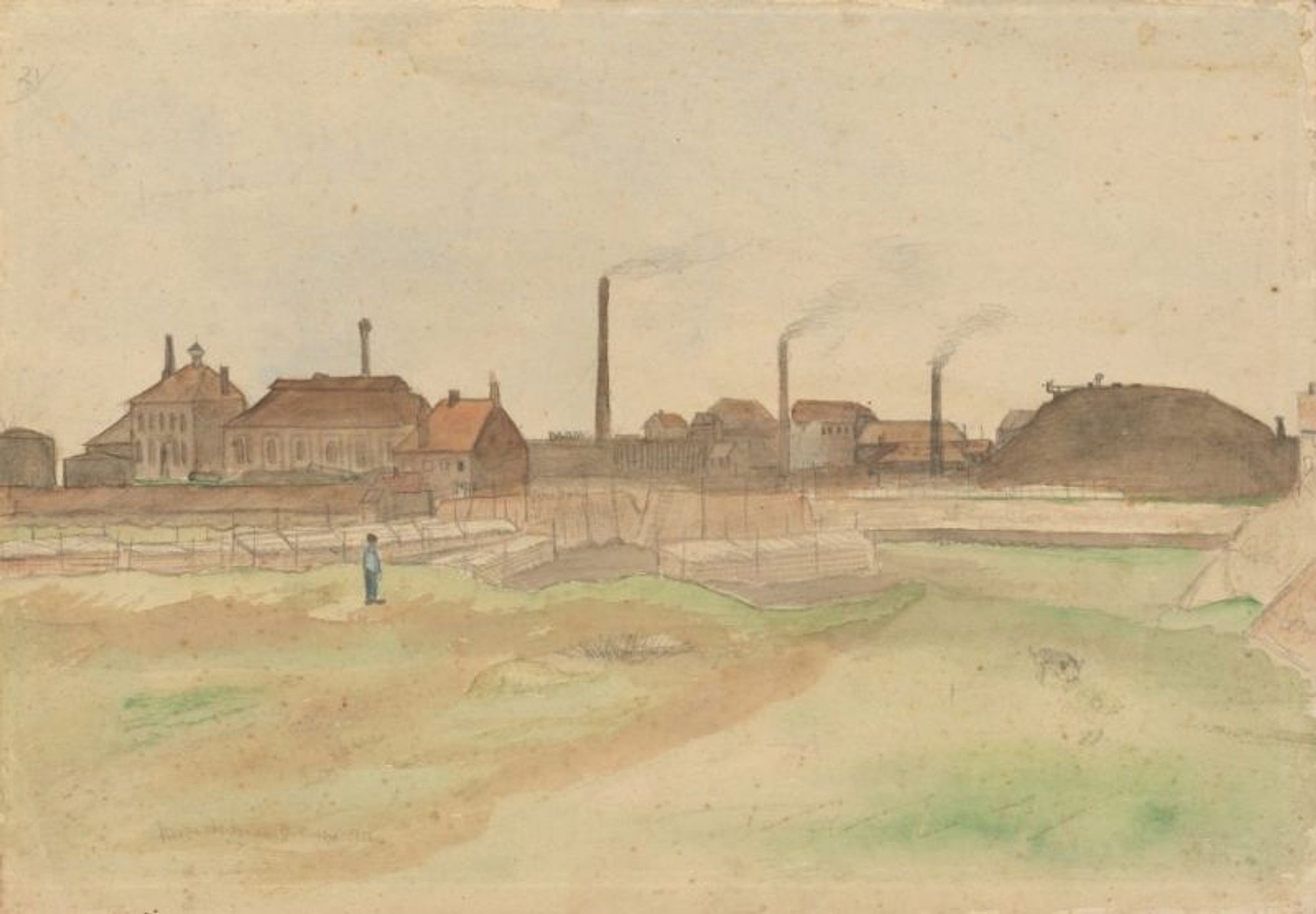 A landscape of a coal mining region, with smokestacks and coal processing plants