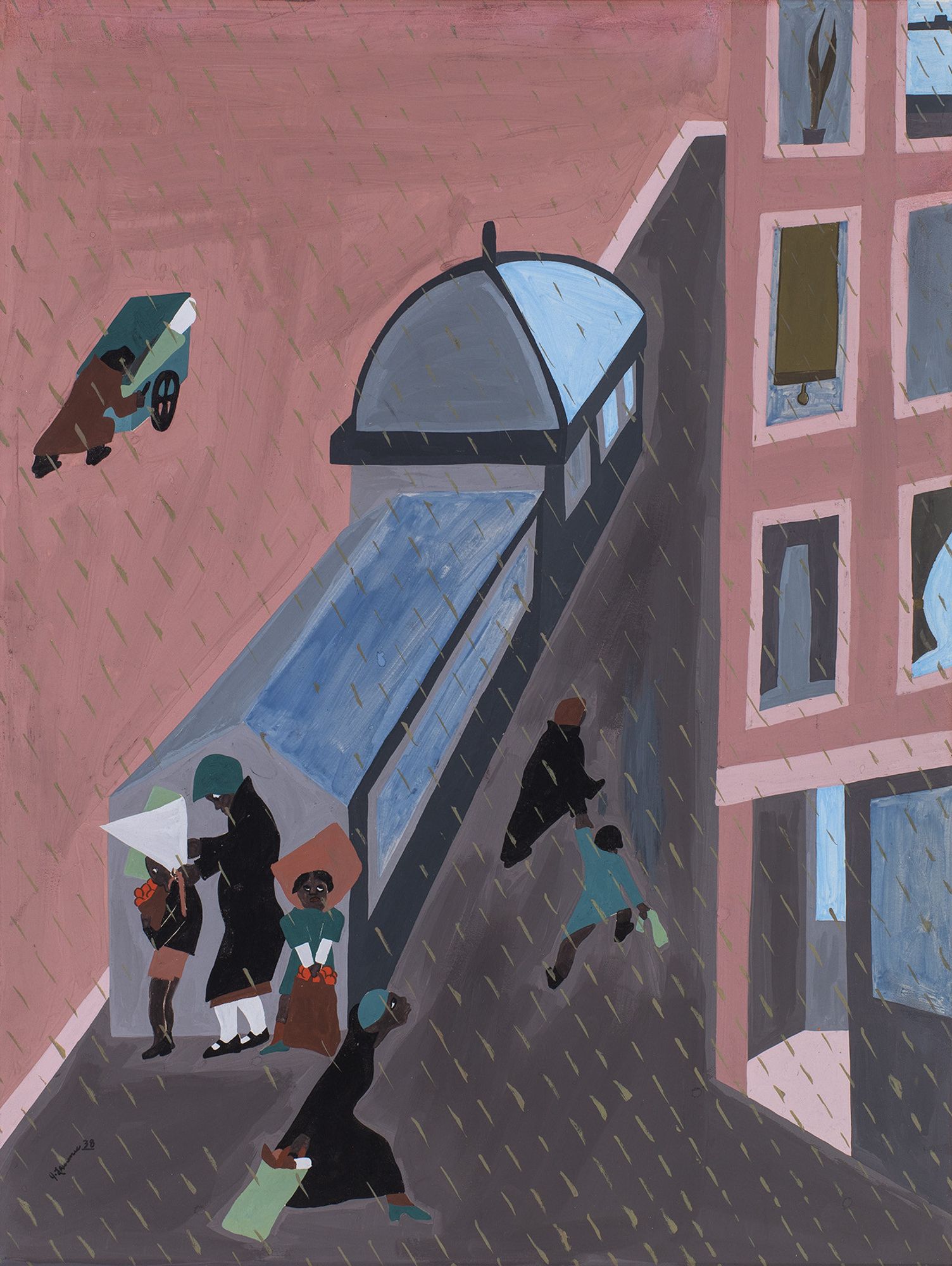 A painting of a street scene, with drops of rain falling in dash-like diagonals. Various figures populate the scene, most of them on the sidewalk. A building with rows of windows appears at right