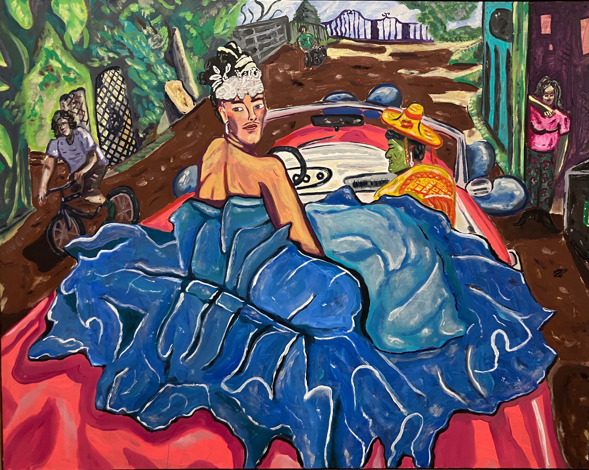 A figure seen from behind in a red car, almost swallowed by a billowing blue dress