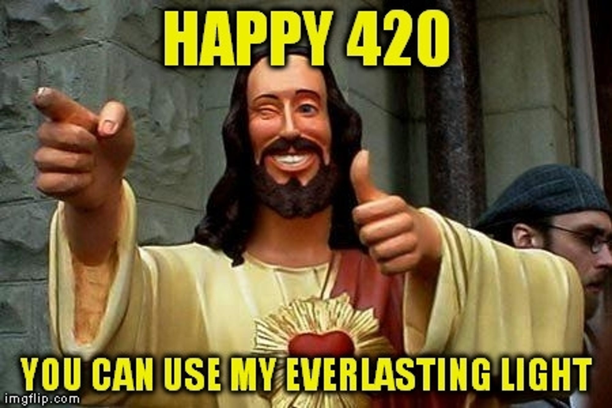 Bild einer lächelden, zwinkernden Jesusfigur zum Happy 420 Day