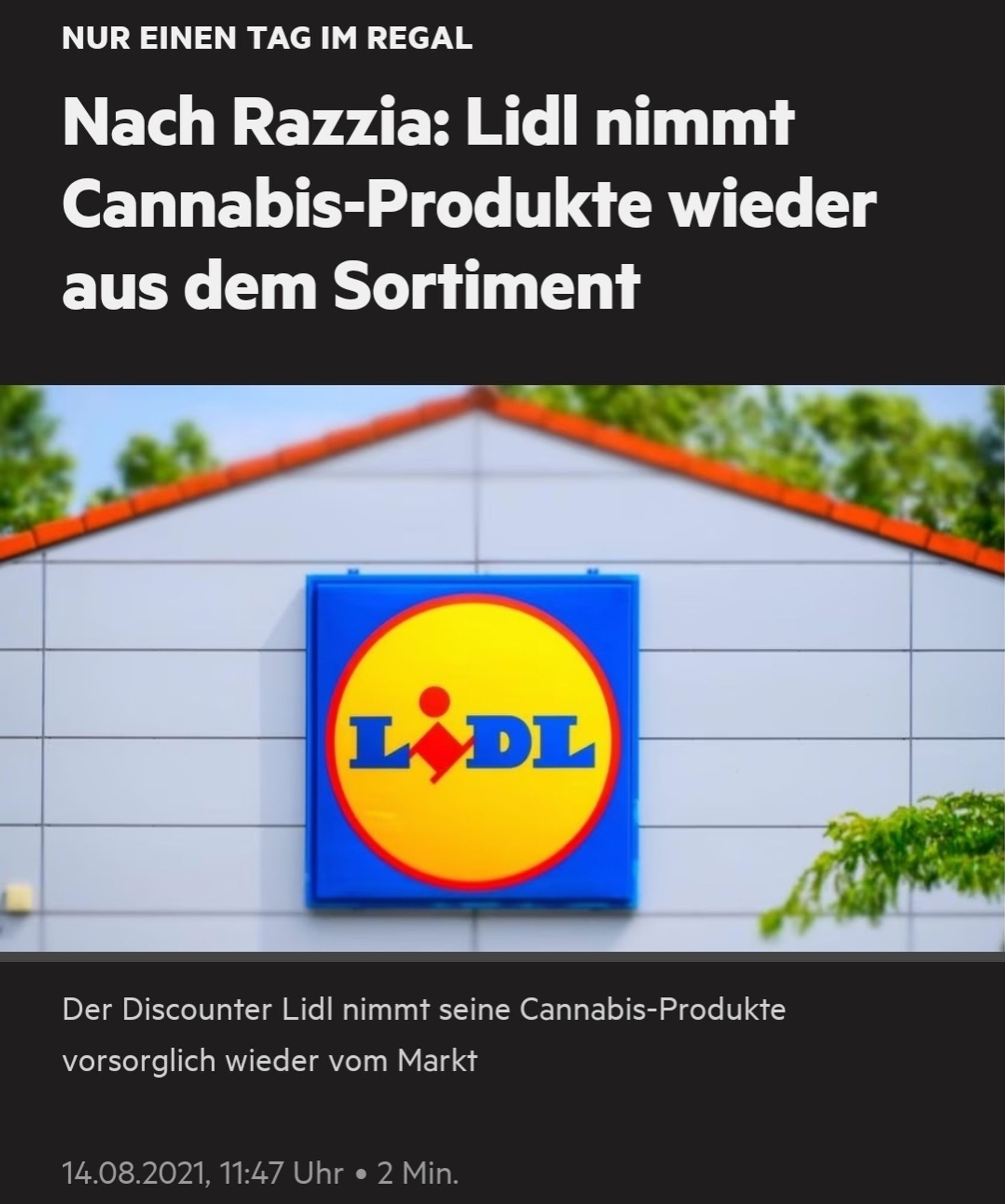 Screenshot der Schlagzeile: Nach Razzia: Lidl nimmt Cannabis-Produkte wieder aus dem Sortiment