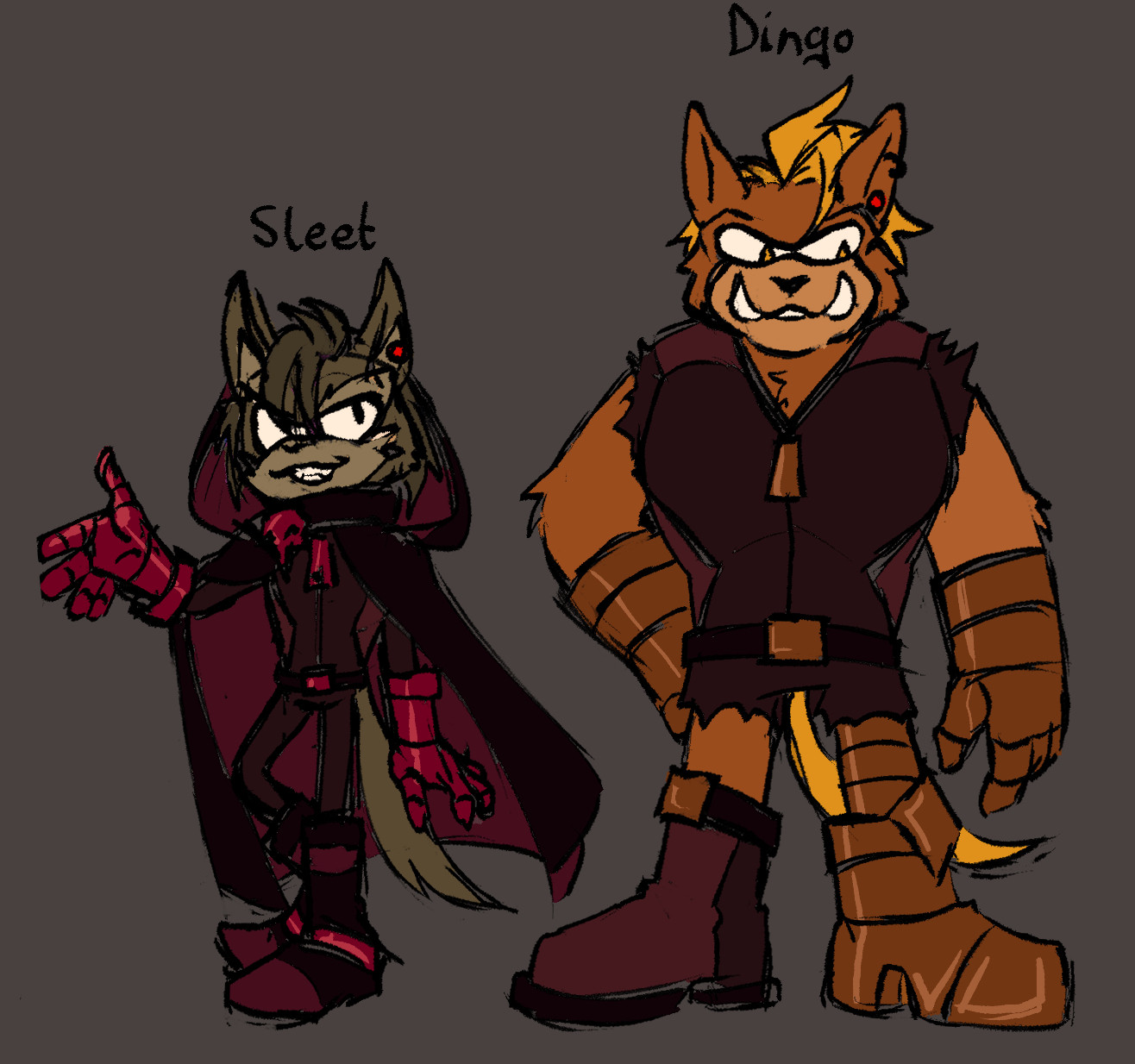 Rough redesign concepts of the characters Sleet and Dingo from Sonic Underground.