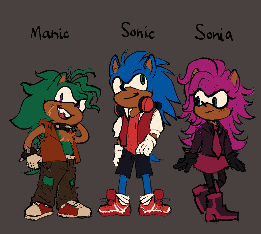 Rough redesign concepts of the characters Manic, Sonic, and Sonia from Sonic Underground.