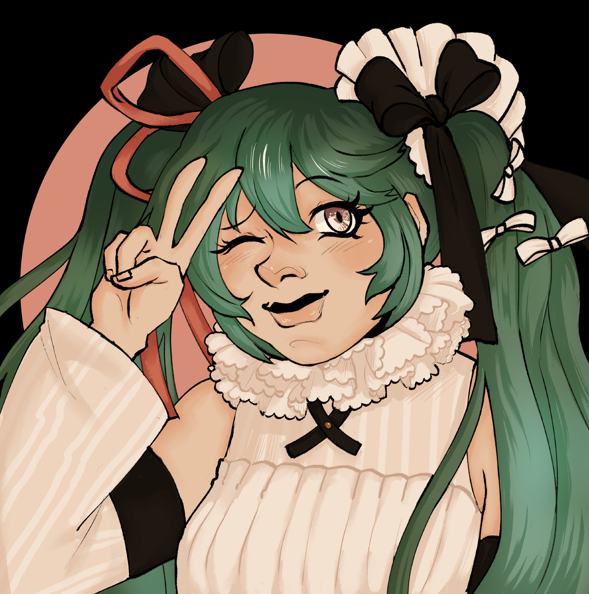 A colored and rendered icon of Hatsune Miku doing a peace sign.