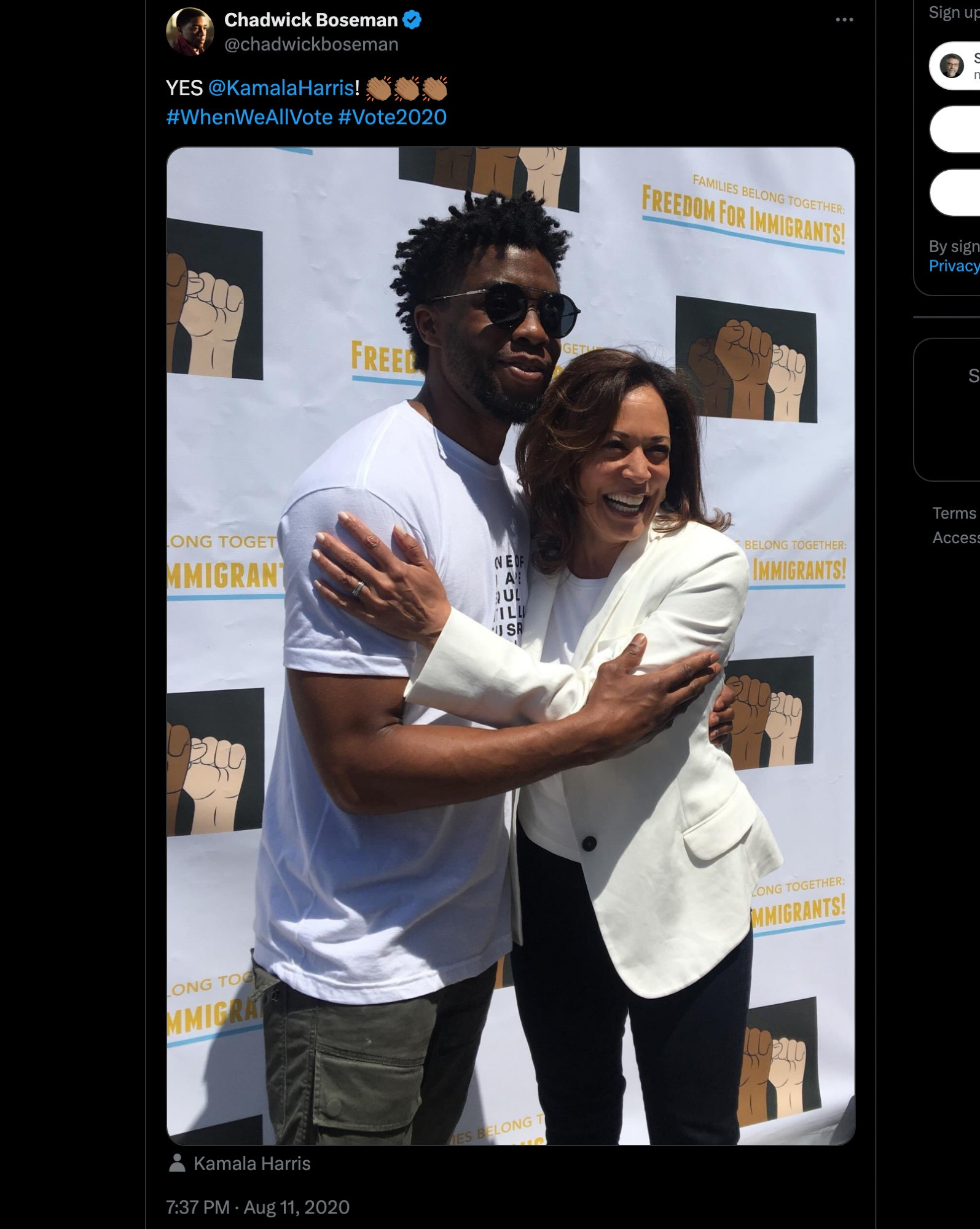 Tweet from August 11, 2020, with a photo of Chadwick Boseman and Kamala Harris: "YES @KamalaHarris! 👏🏾👏🏾👏🏾 #WhenWeAllVote #Vote2020."