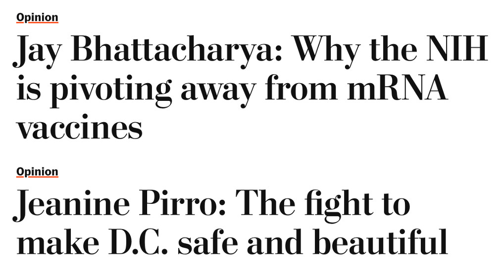 Headlines on two bullshit WaPo op-eds by Jay Bhaattacharya and Jeanine Pirro