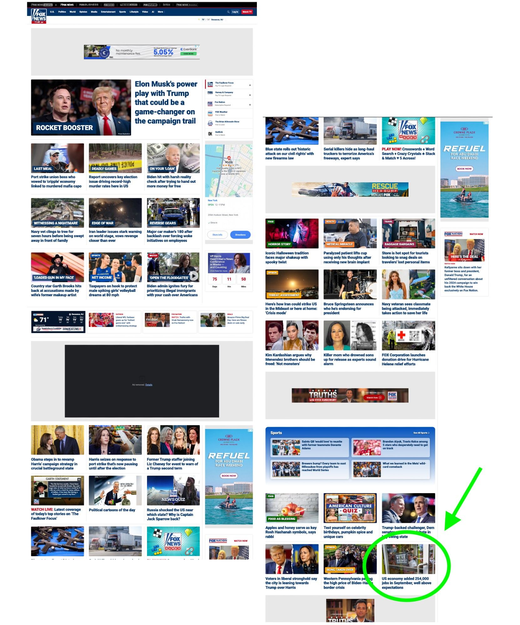 Screenshots of the Fox News home page 10/4/24, 11:50am EST
