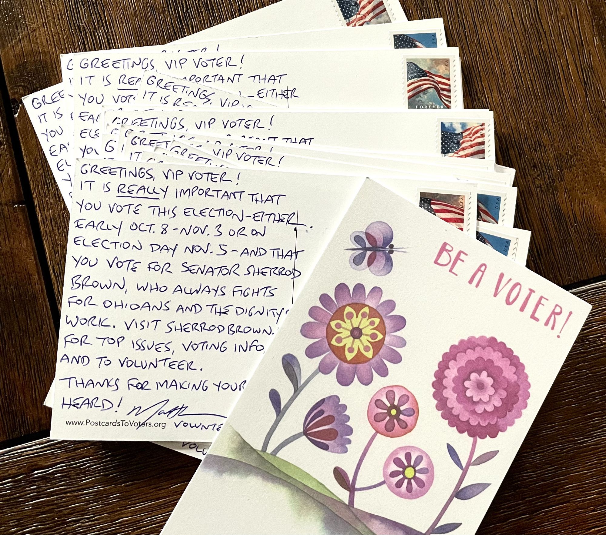 Twenty stamped & addressed postcards urging Ohioans to vote for Sherrod Brown