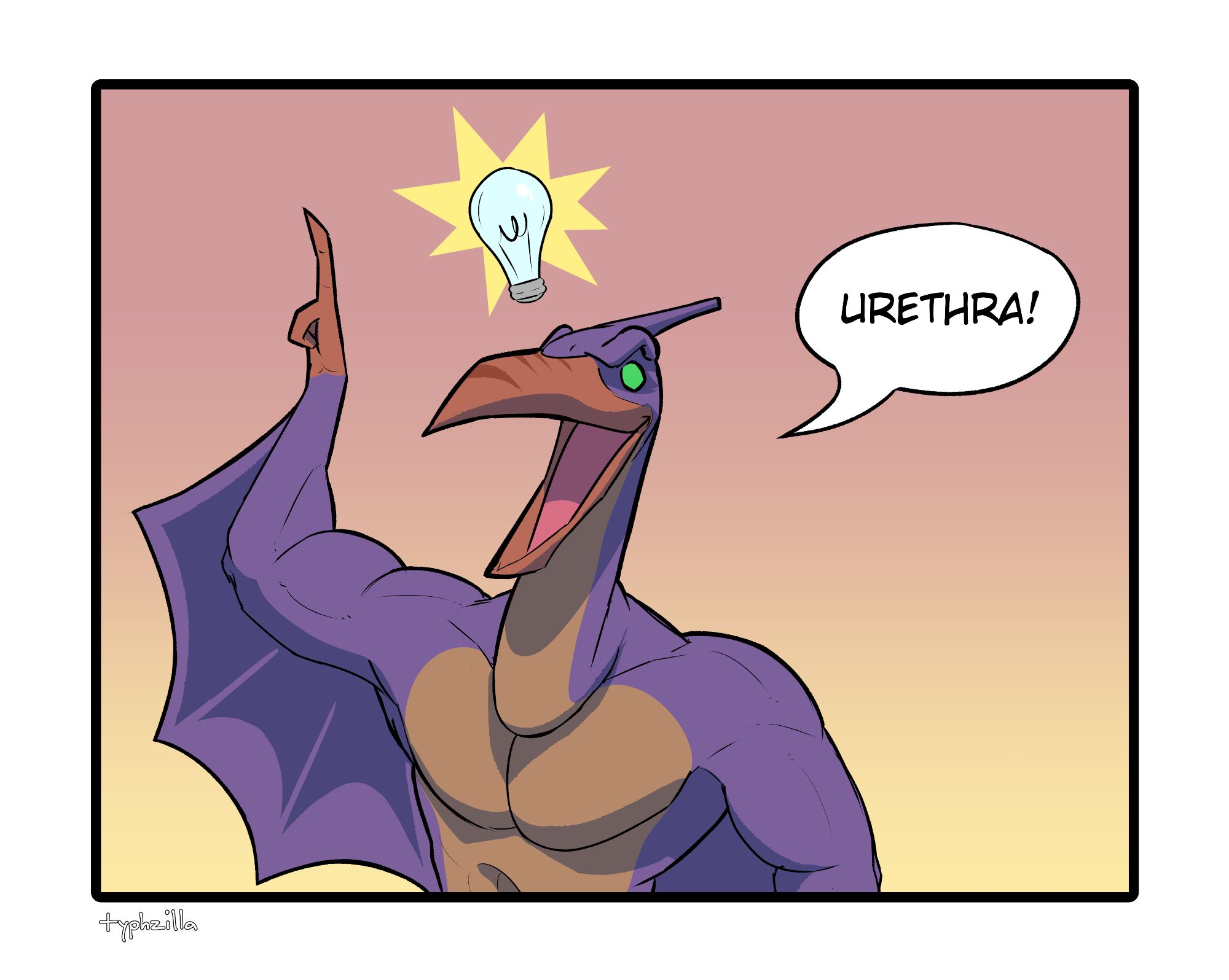 A buff, anthropomorphic pterodactyl with a lightbulb over his head saying "Urethra!"