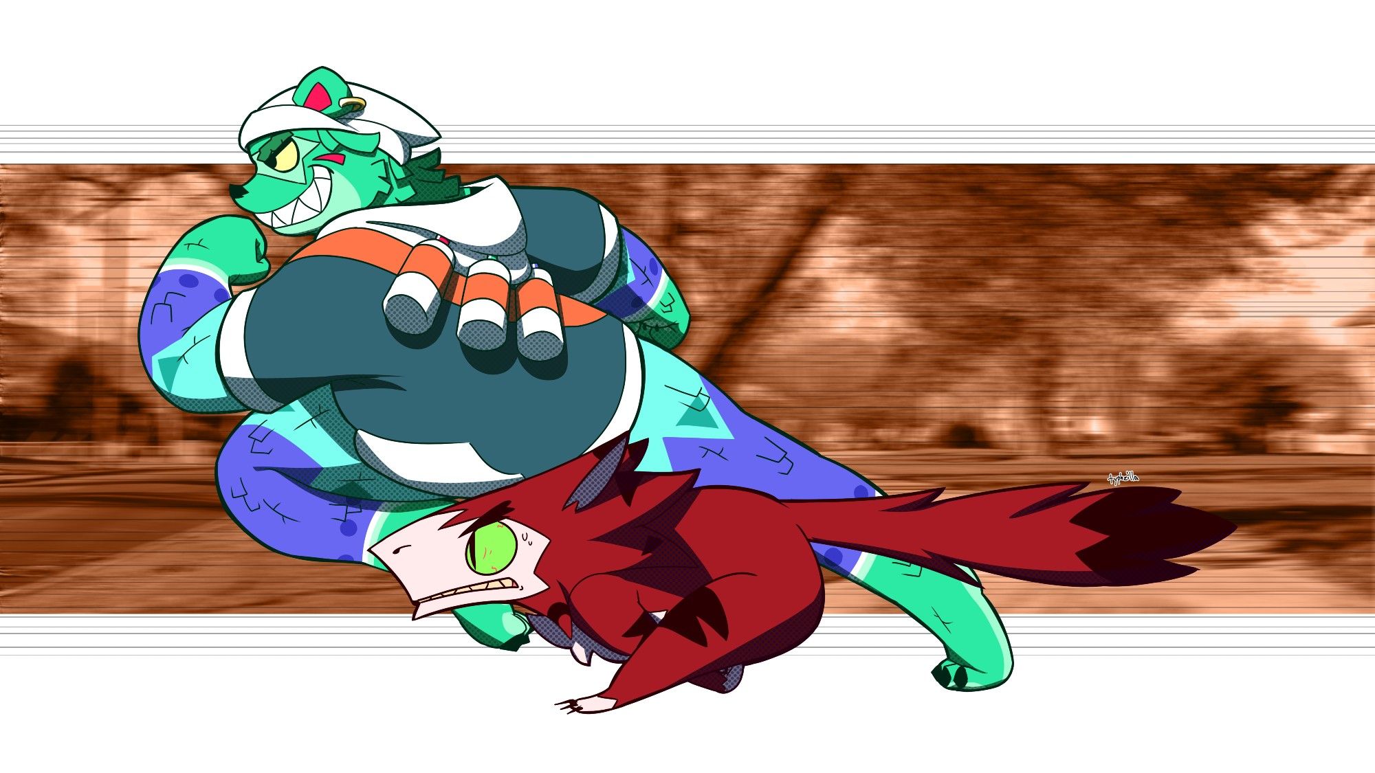 An anthropomorphic piñata racing against a small red sergal.