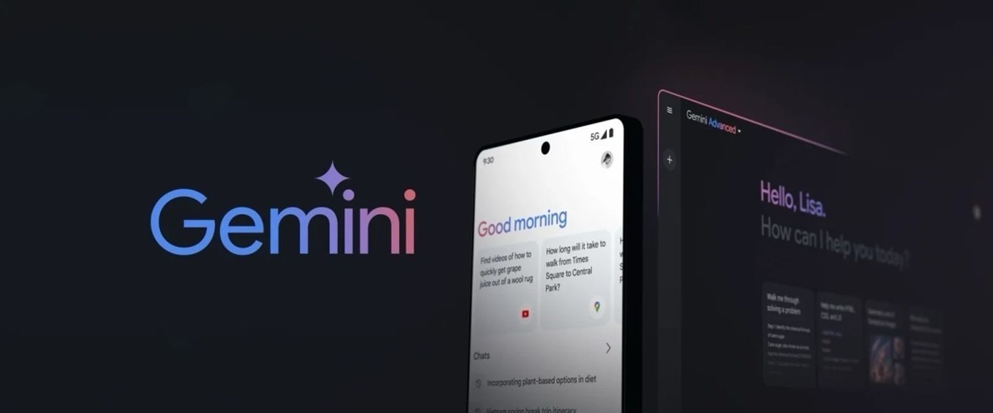 An image featuring the logo of "Gemini", a smartphone displaying a virtual assistant interface with the greeting "Good morning", and a tablet showing a user being greeted by name with the question "How can I help you today?" with a "Gemini